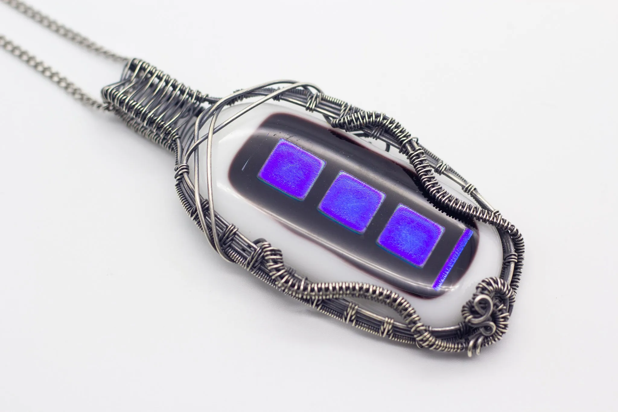 Dichroic Blue, Black and White Fused Glass and Sterling Silver Statement Necklace