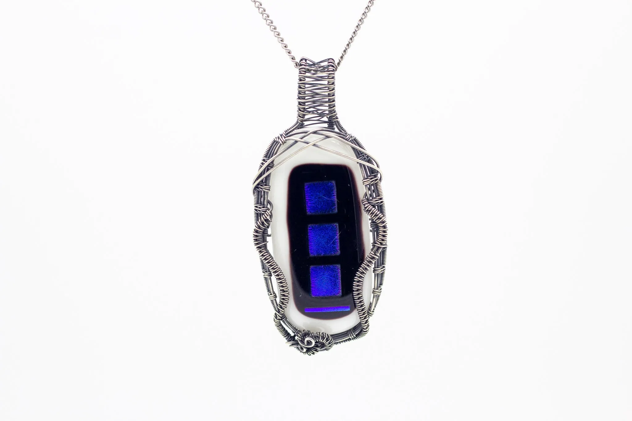 Dichroic Blue, Black and White Fused Glass and Sterling Silver Statement Necklace
