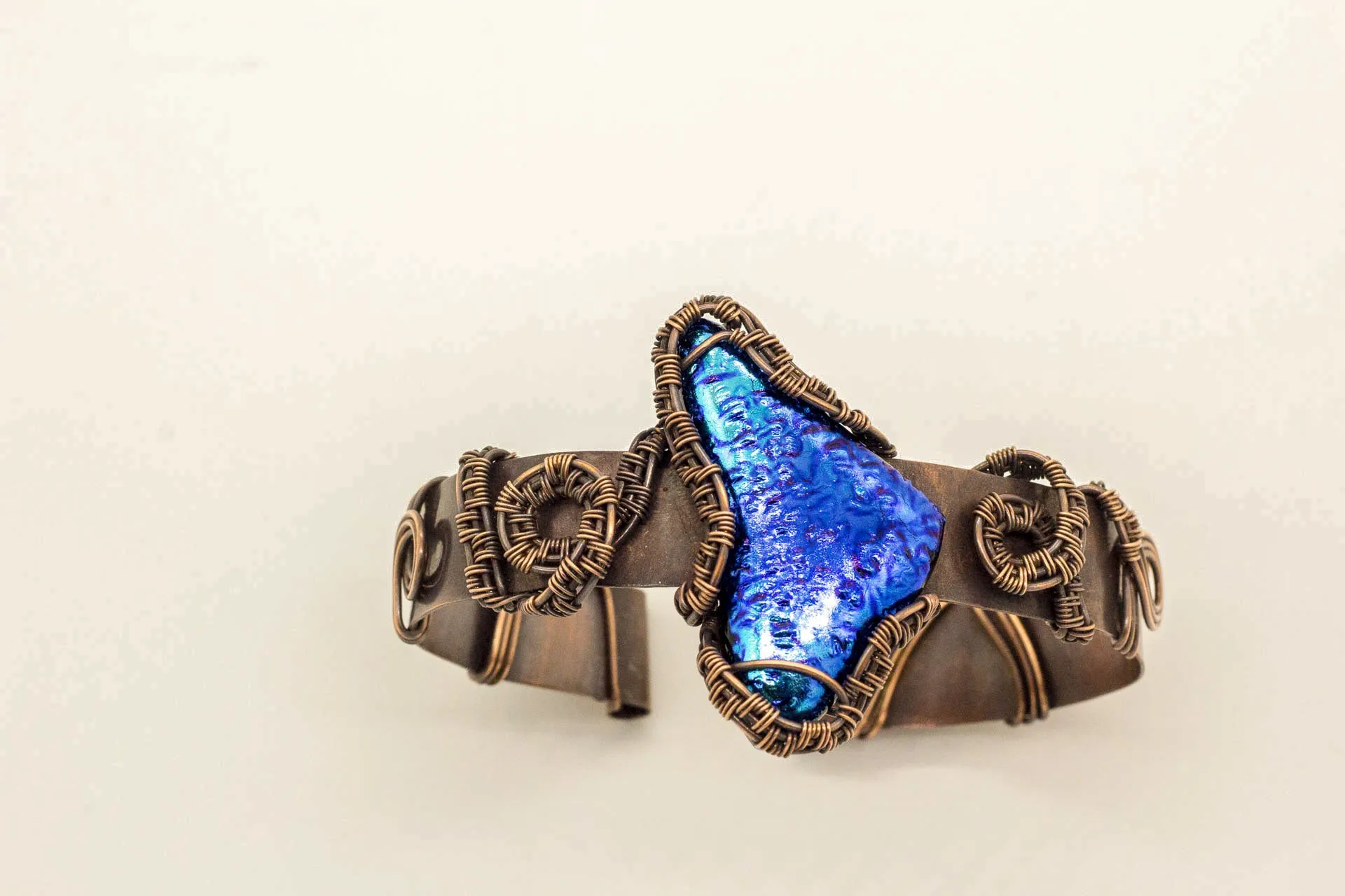 Dichroic Blue Fused Glass Abstract Copper Cuff Bracelet