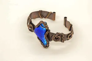 Dichroic Blue Fused Glass Abstract Copper Cuff Bracelet