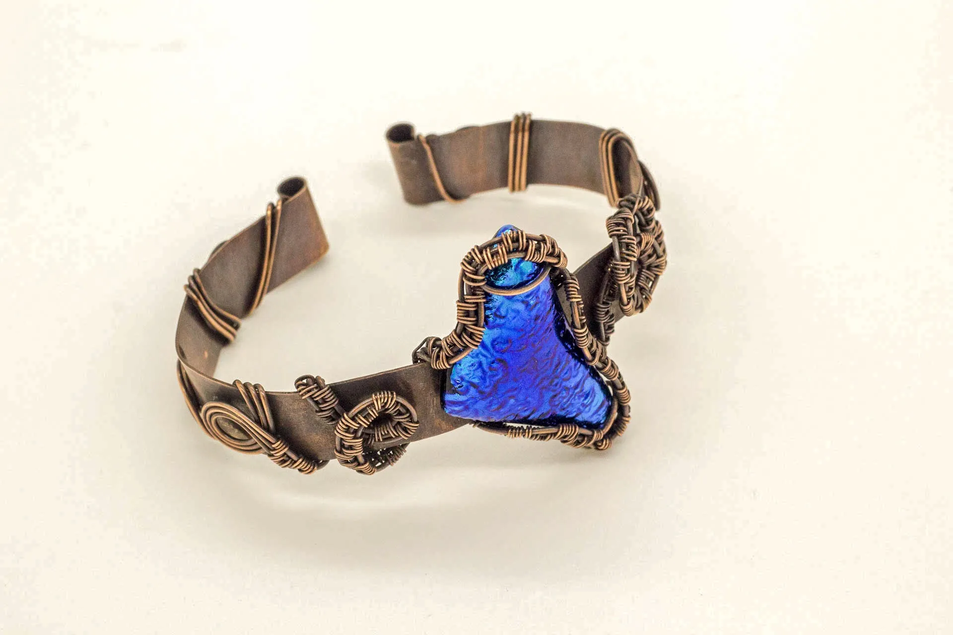 Dichroic Blue Fused Glass Abstract Copper Cuff Bracelet