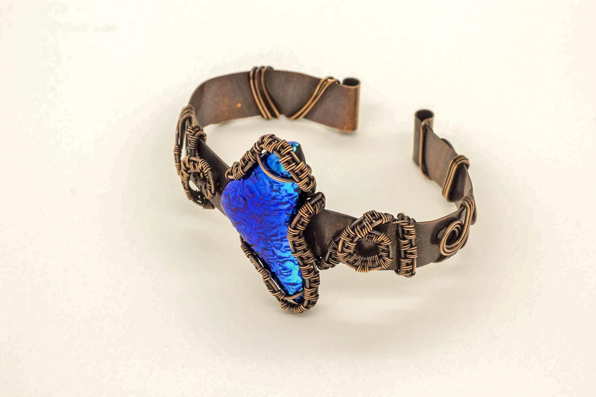 Dichroic Blue Fused Glass Abstract Copper Cuff Bracelet