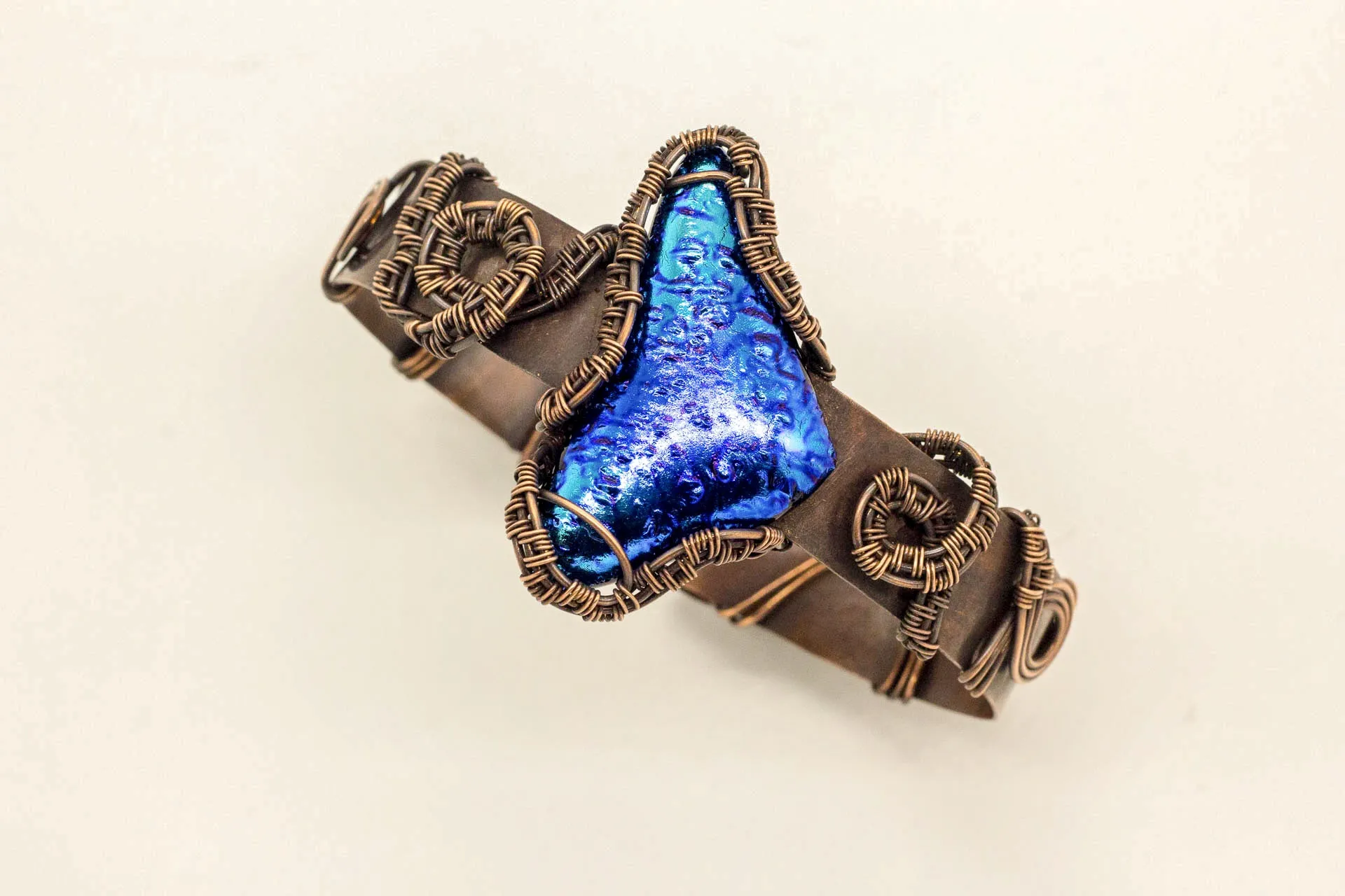 Dichroic Blue Fused Glass Abstract Copper Cuff Bracelet