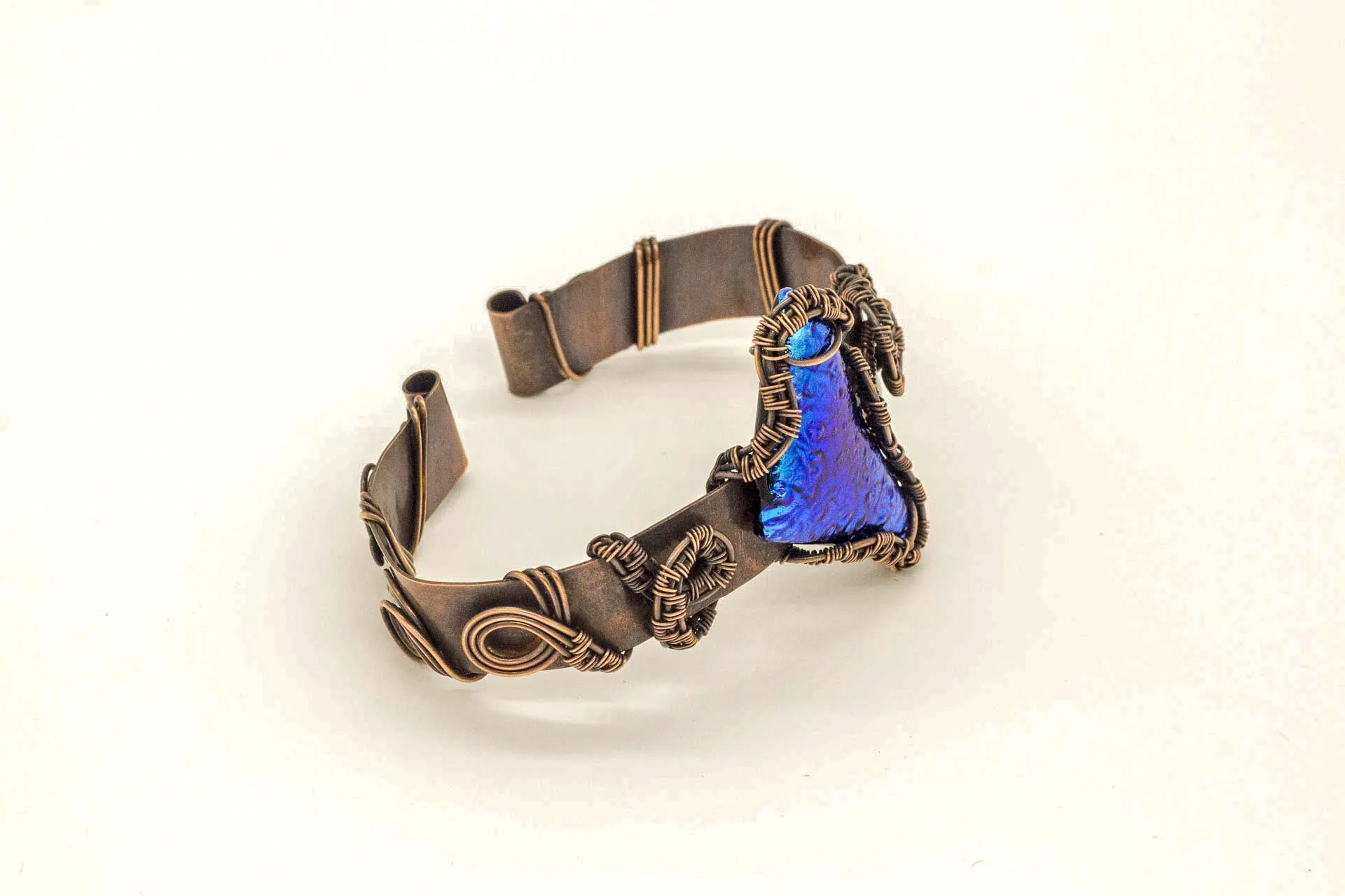 Dichroic Blue Fused Glass Abstract Copper Cuff Bracelet