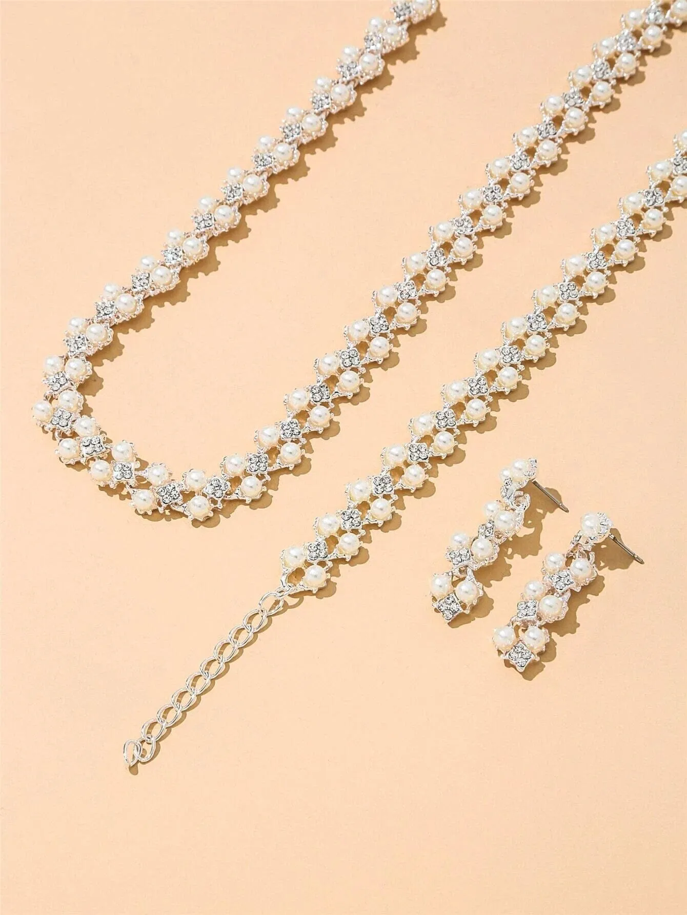 Double Layer Pearl 4 PC Jewelry Set, Pearl and Crystal 4 PC Wedding Jewelry, Bridal Pearl Necklace, Earrings and Bracelet Set