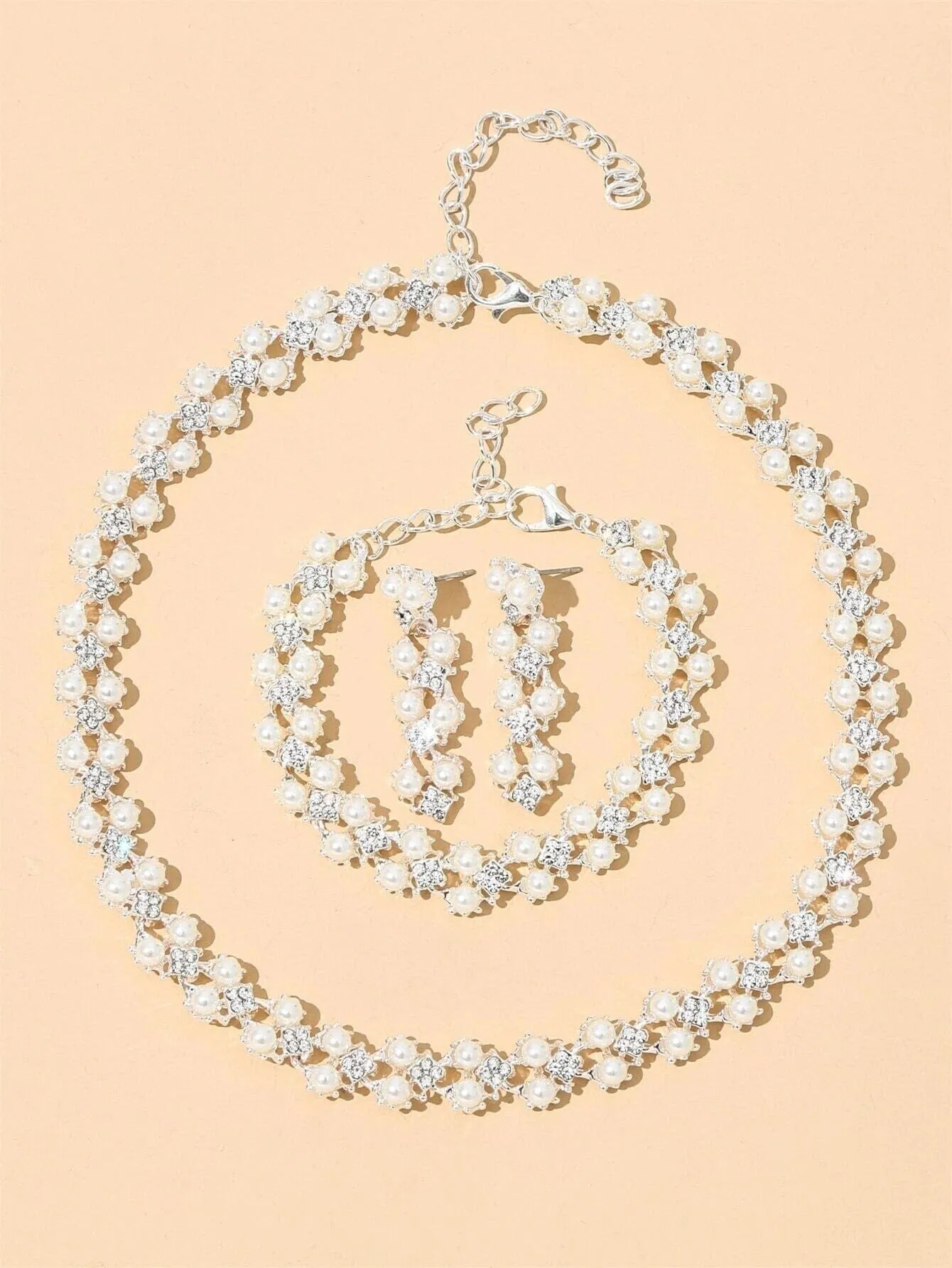 Double Layer Pearl 4 PC Jewelry Set, Pearl and Crystal 4 PC Wedding Jewelry, Bridal Pearl Necklace, Earrings and Bracelet Set