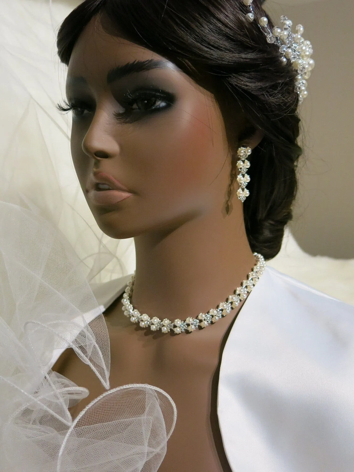 Double Layer Pearl 4 PC Jewelry Set, Pearl and Crystal 4 PC Wedding Jewelry, Bridal Pearl Necklace, Earrings and Bracelet Set
