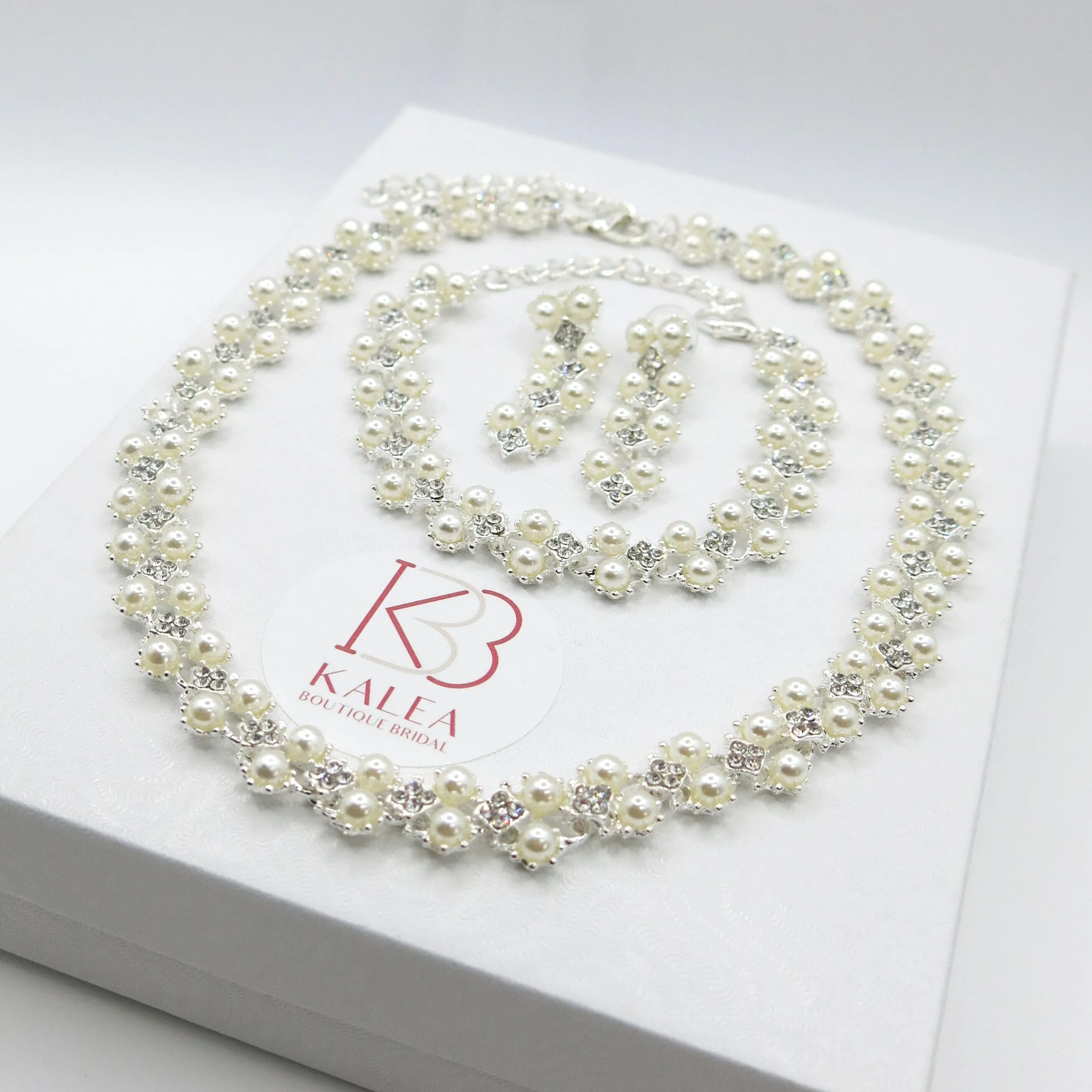 Double Layer Pearl 4 PC Jewelry Set, Pearl and Crystal 4 PC Wedding Jewelry, Bridal Pearl Necklace, Earrings and Bracelet Set