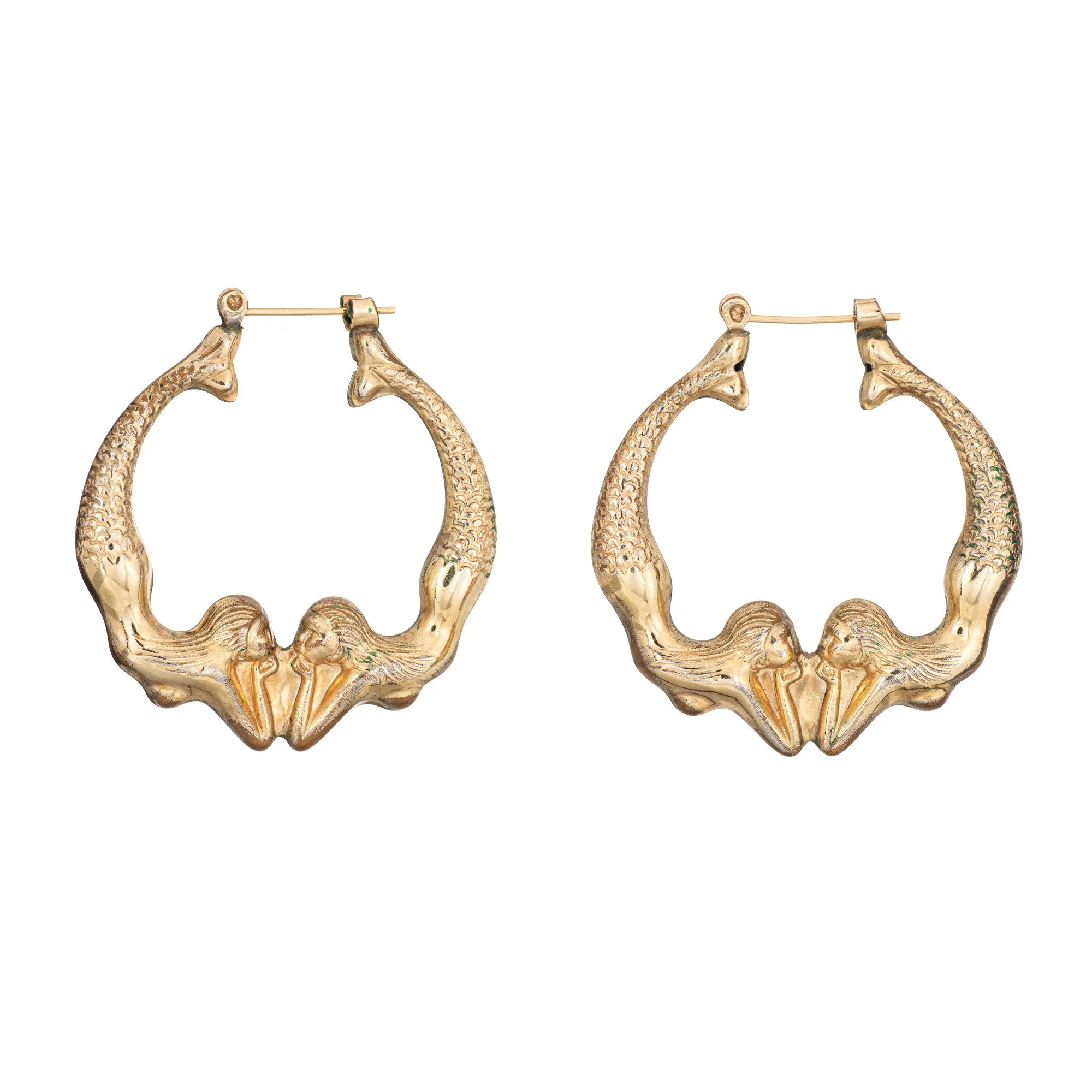 Double Mermaid Hoop Earrings 1.25" Vintage 14k Yellow Gold Estate Fine Jewelry