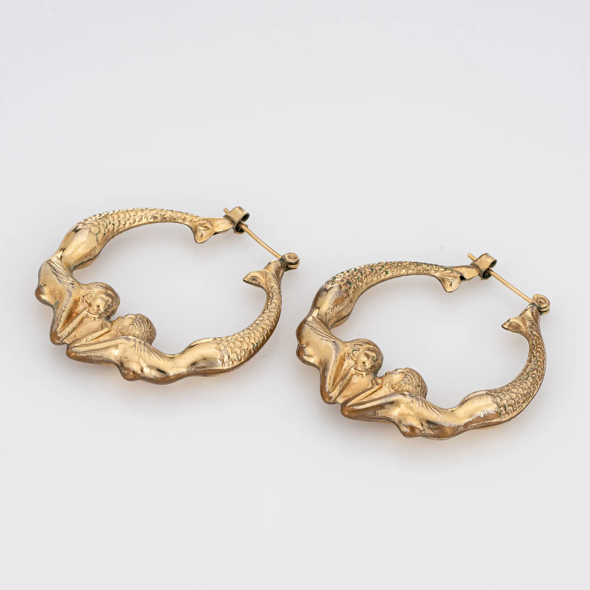 Double Mermaid Hoop Earrings 1.25" Vintage 14k Yellow Gold Estate Fine Jewelry