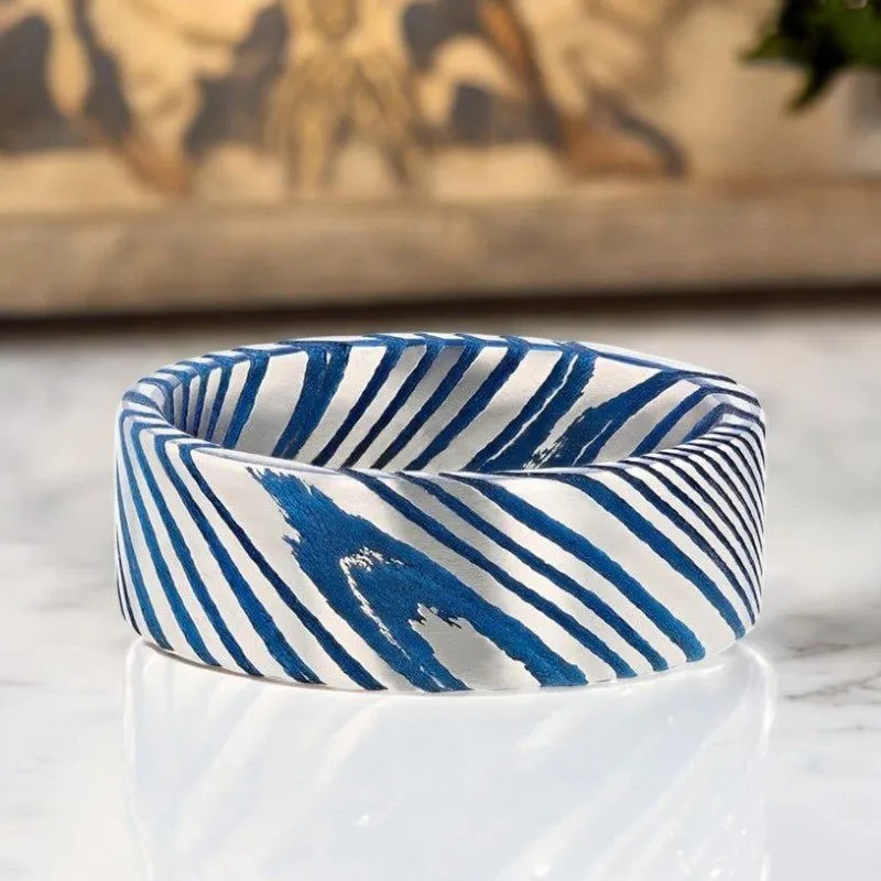 DUKE | Blue Damascus Steel Ring, Vivid Etched Design, Flat