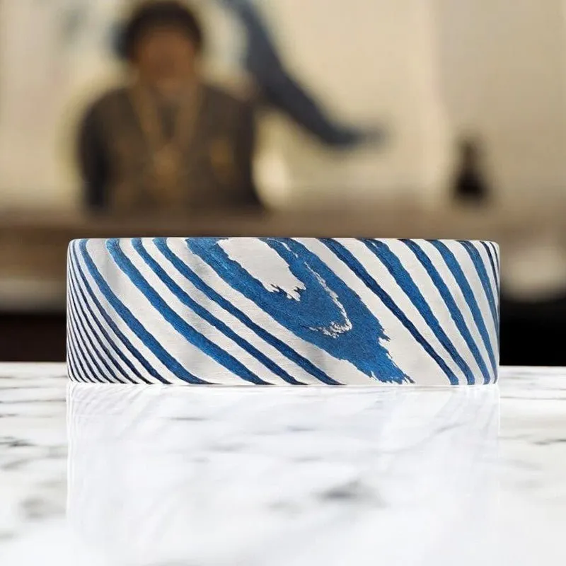 DUKE | Blue Damascus Steel Ring, Vivid Etched Design, Flat