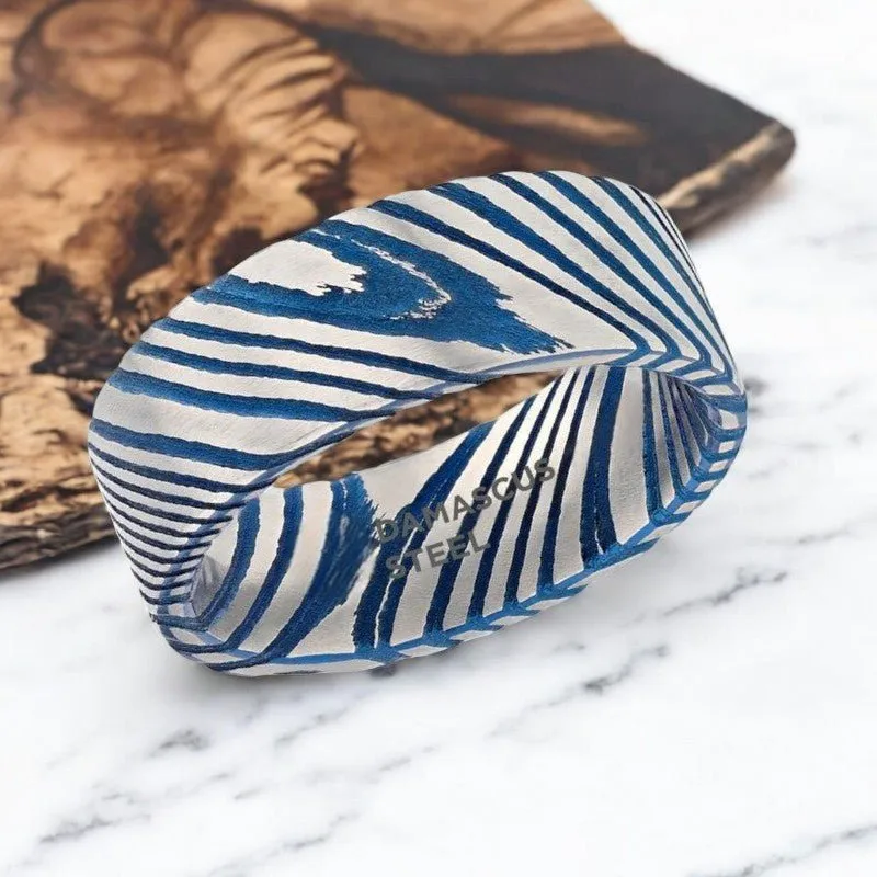 DUKE | Blue Damascus Steel Ring, Vivid Etched Design, Flat