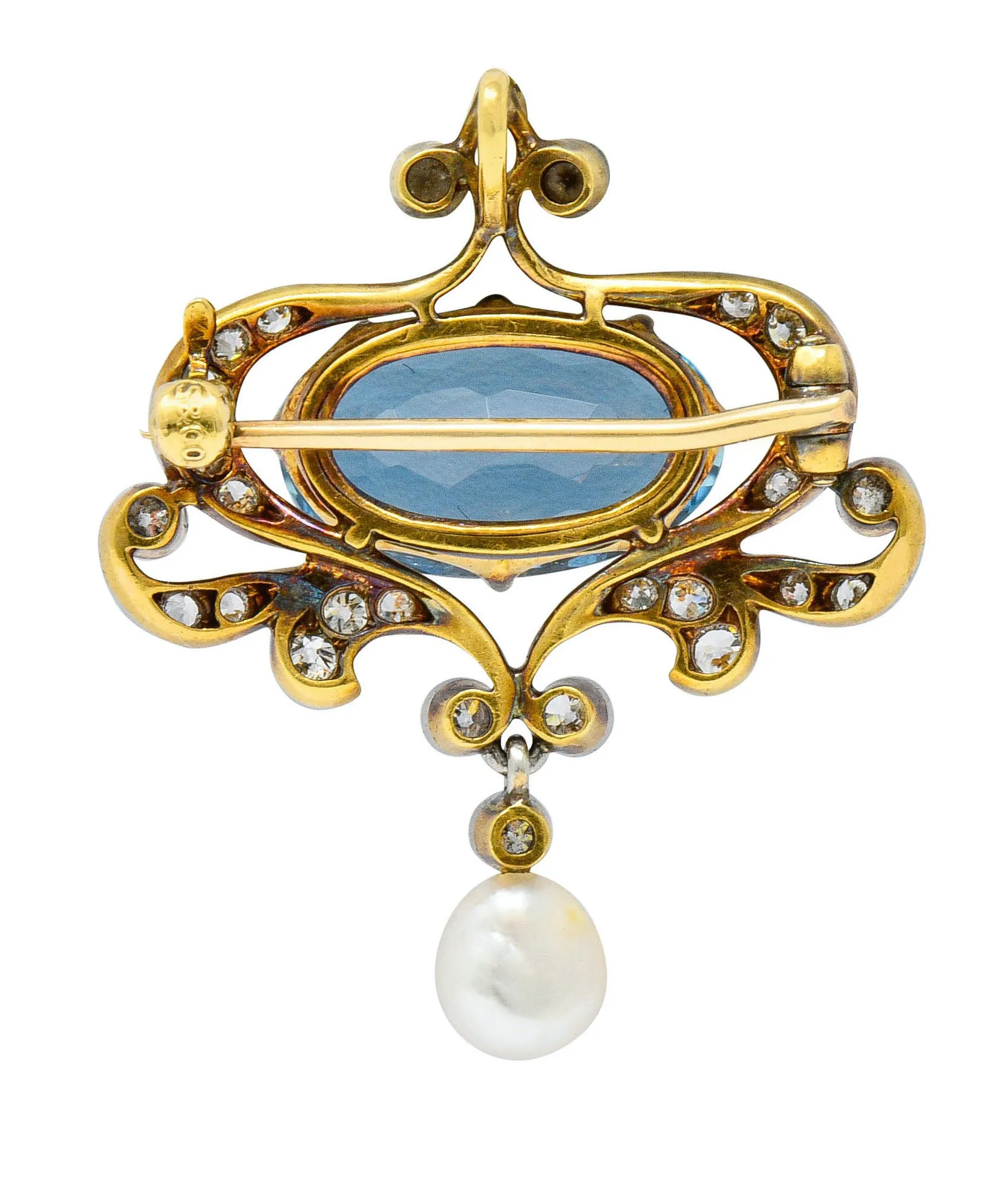 Edwardian 5.45 CTW Aquamarine Diamond Pearl Platinum-Topped 18 Karat Gold Brooch