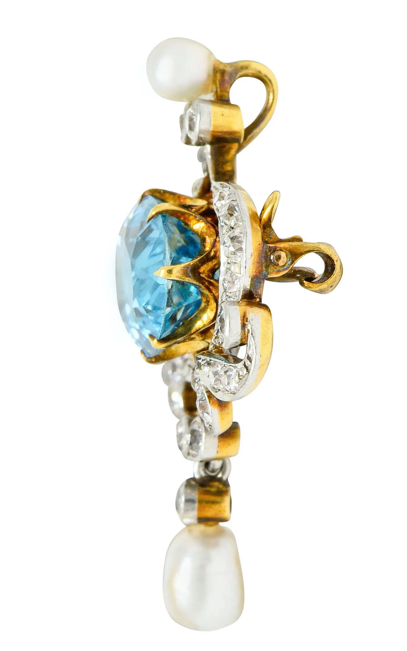 Edwardian 5.45 CTW Aquamarine Diamond Pearl Platinum-Topped 18 Karat Gold Brooch