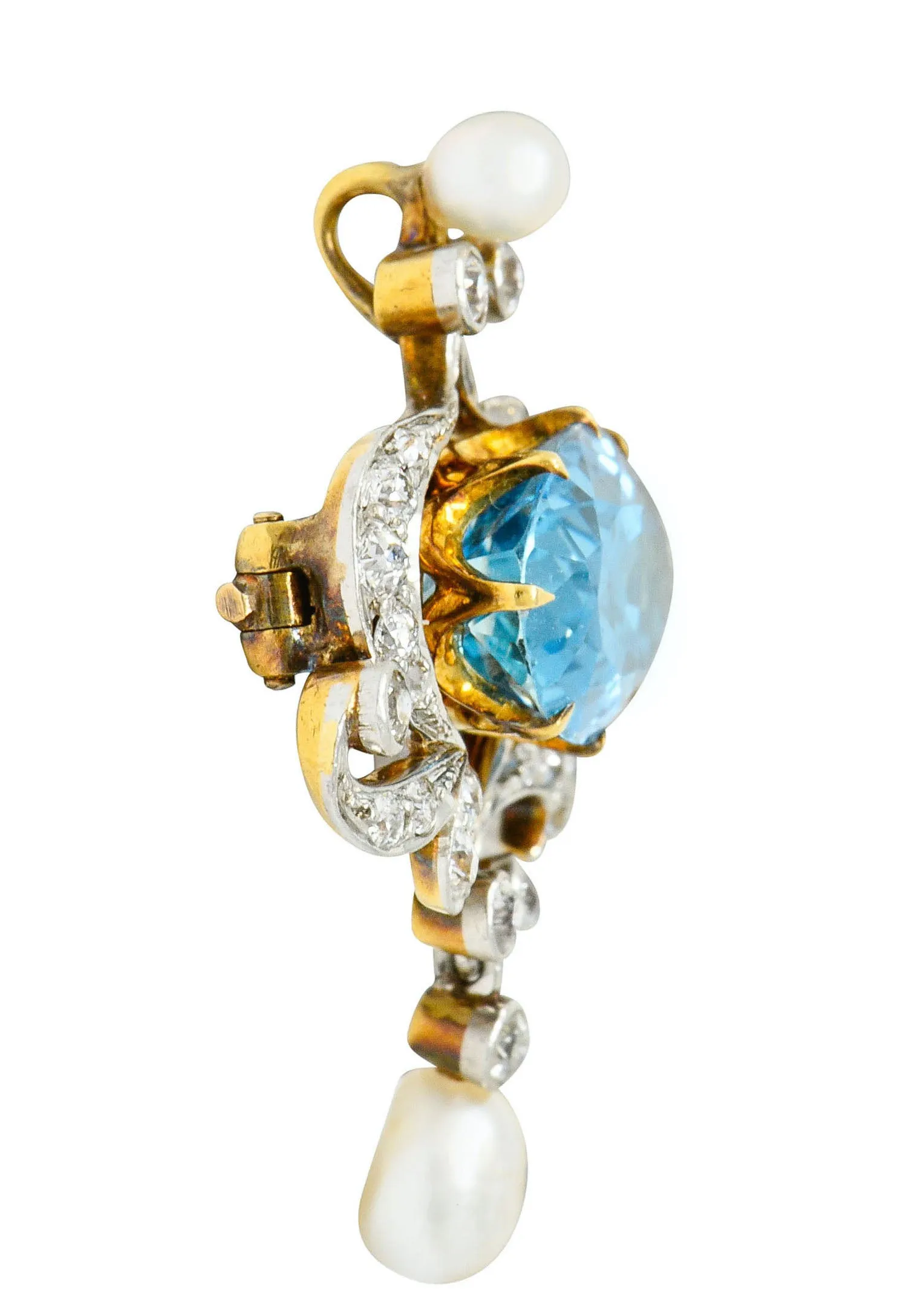 Edwardian 5.45 CTW Aquamarine Diamond Pearl Platinum-Topped 18 Karat Gold Brooch
