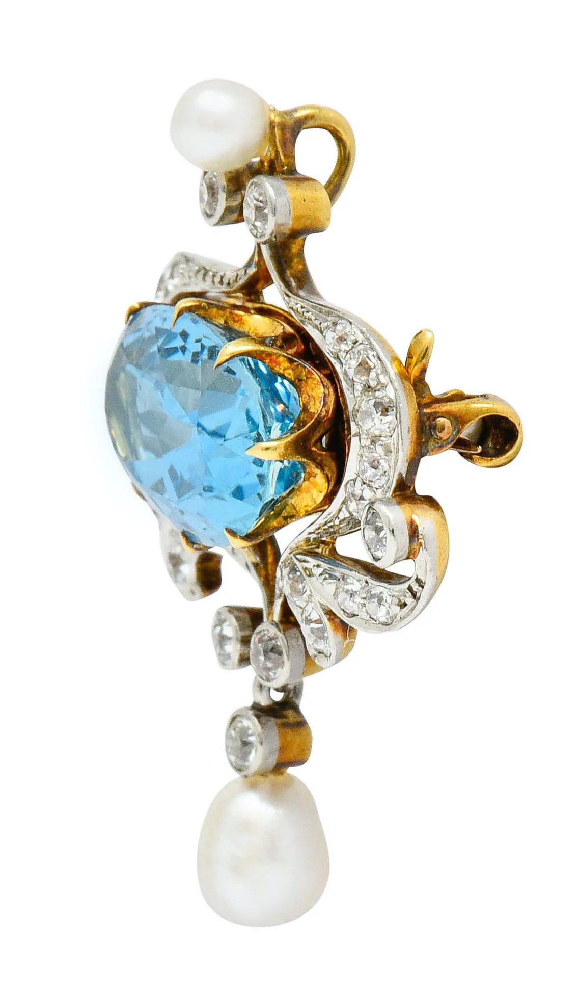 Edwardian 5.45 CTW Aquamarine Diamond Pearl Platinum-Topped 18 Karat Gold Brooch