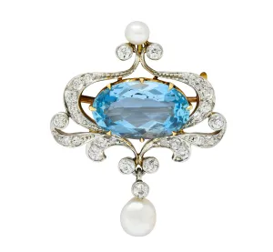 Edwardian 5.45 CTW Aquamarine Diamond Pearl Platinum-Topped 18 Karat Gold Brooch