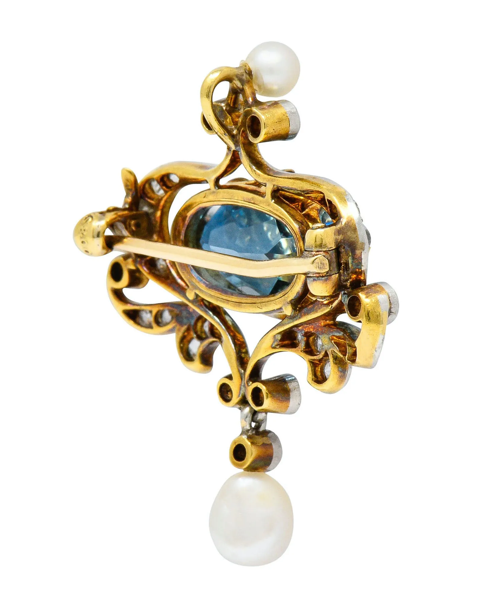 Edwardian 5.45 CTW Aquamarine Diamond Pearl Platinum-Topped 18 Karat Gold Brooch