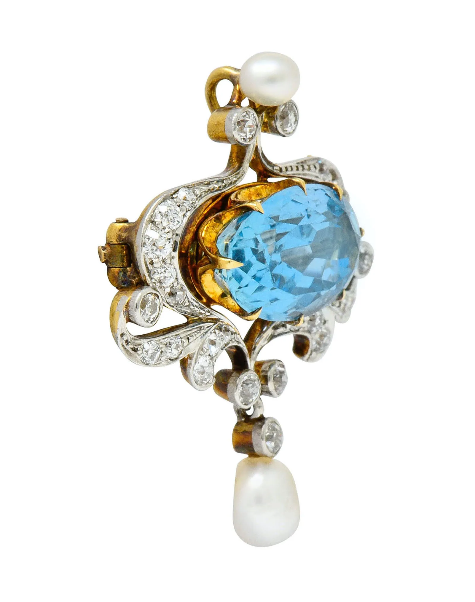 Edwardian 5.45 CTW Aquamarine Diamond Pearl Platinum-Topped 18 Karat Gold Brooch
