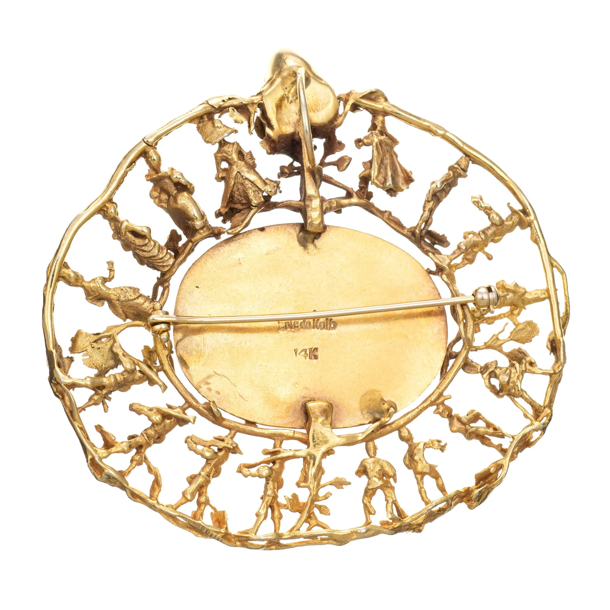Eric de Kolb Allegorical Pendant Vintage 14k Yellow Gold Large Medallion Jewelry