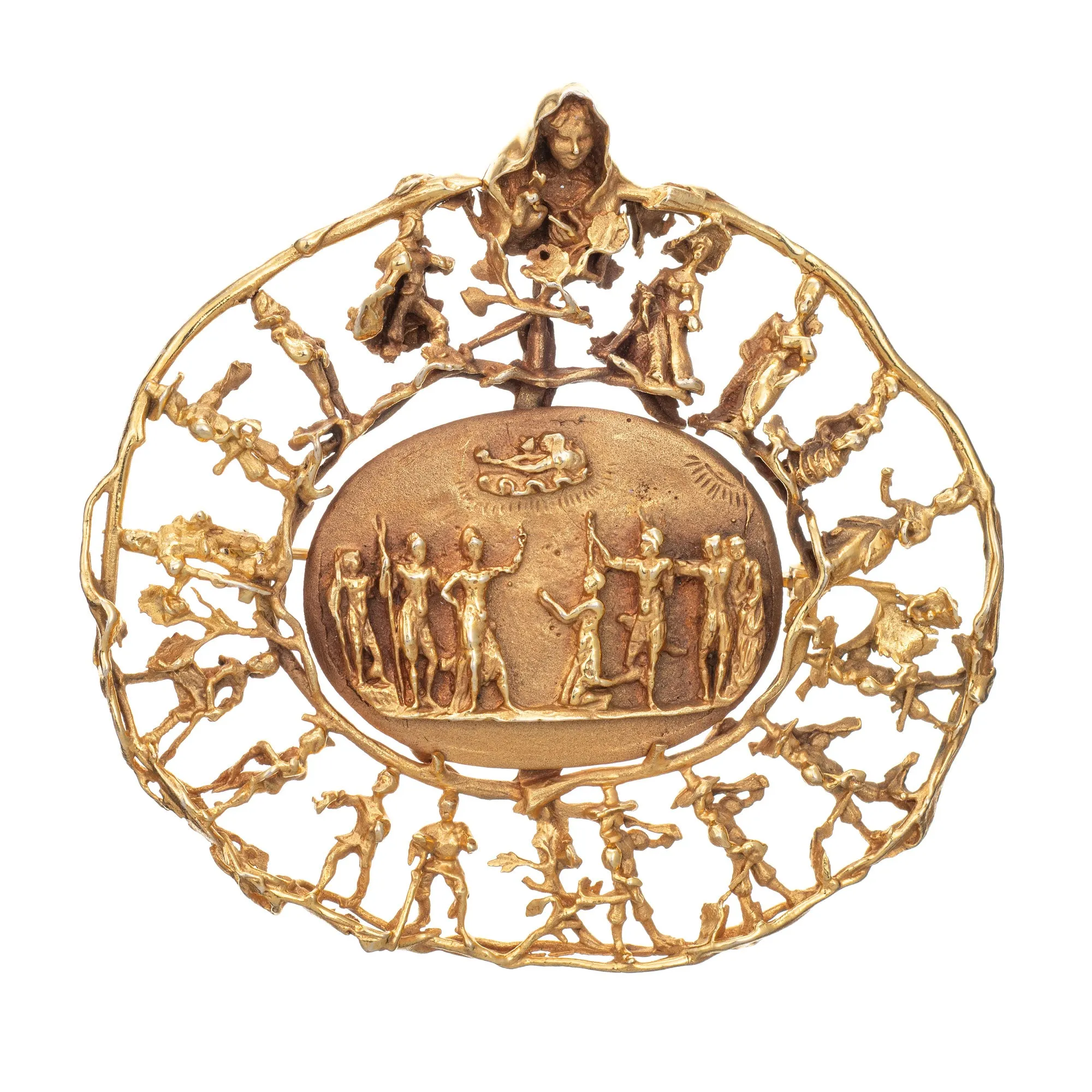 Eric de Kolb Allegorical Pendant Vintage 14k Yellow Gold Large Medallion Jewelry