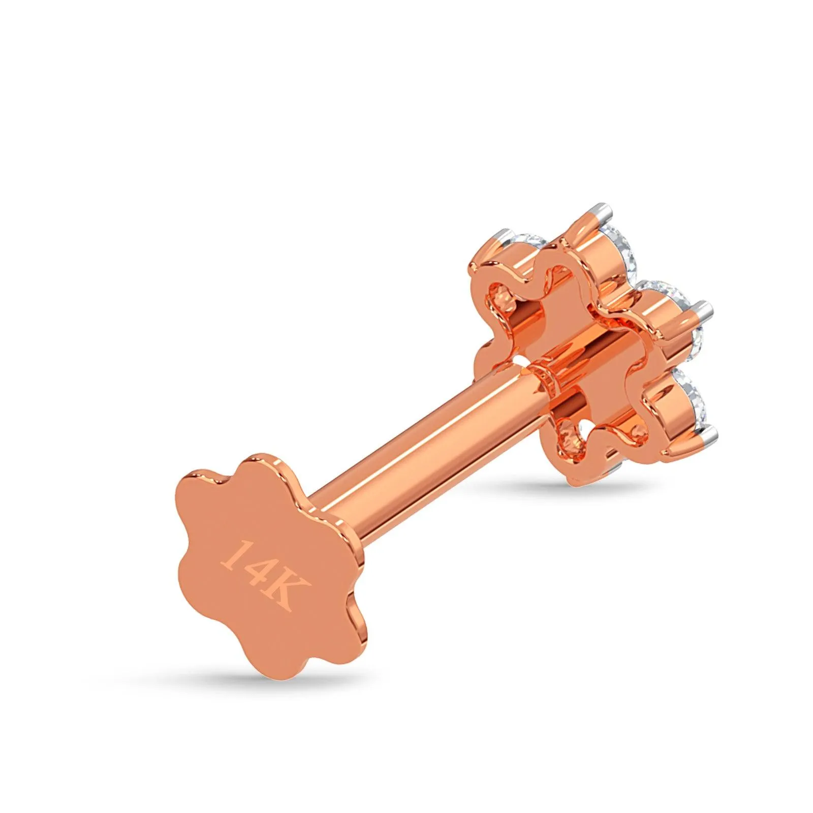 EternalDia Diamond Flower Nose Piercing Pin Screw Ring Stud 4.25mm 14k Rose Gold 18 & 19.5 Gauge (G-H Color/I1-I2Clarity)