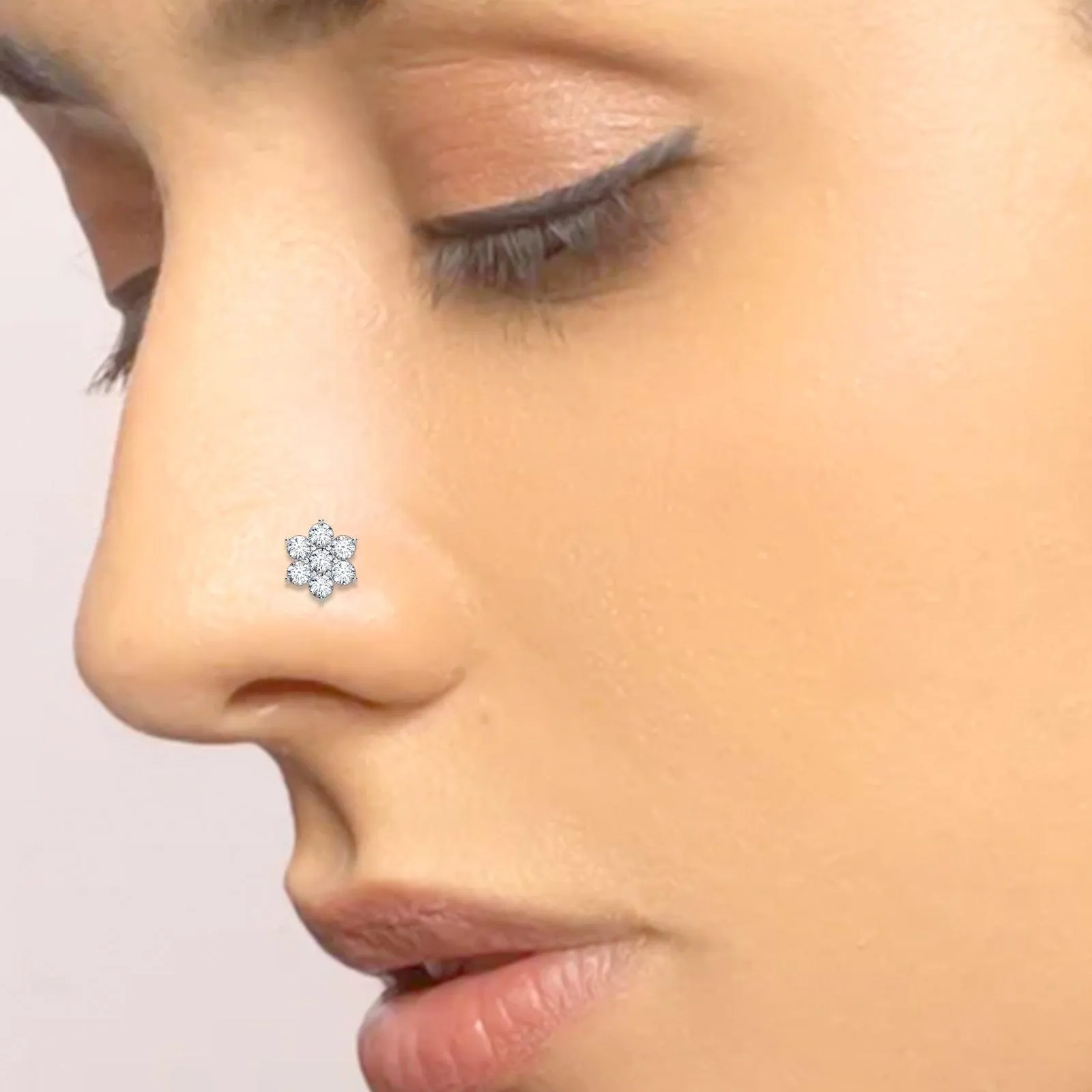 EternalDia Diamond Flower Nose Piercing Pin Screw Ring Stud 4.25mm 14k Rose Gold 18 & 19.5 Gauge (G-H Color/I1-I2Clarity)