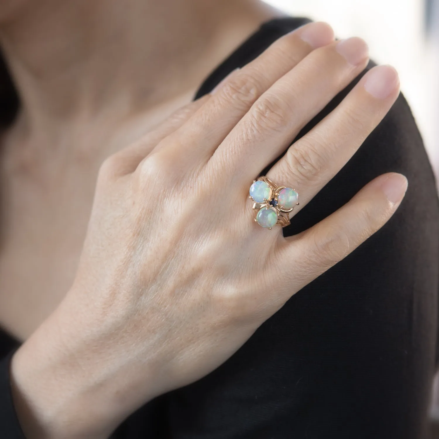 Ethiopian Opal Sapphire Cluster Cocktail Ring Vintage 14k Yellow Gold Estate