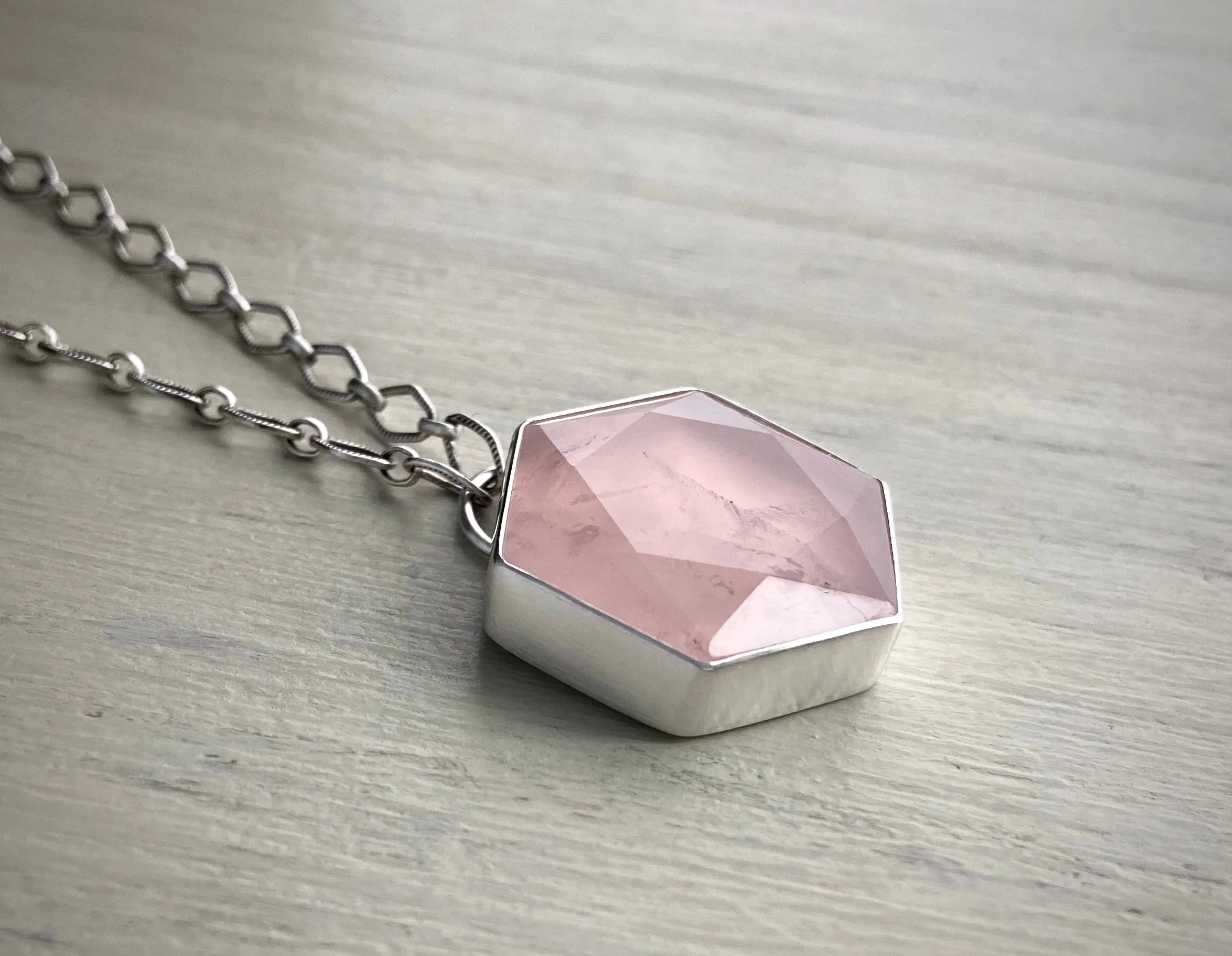 Faceted Rose Quartz Hexagon Necklace