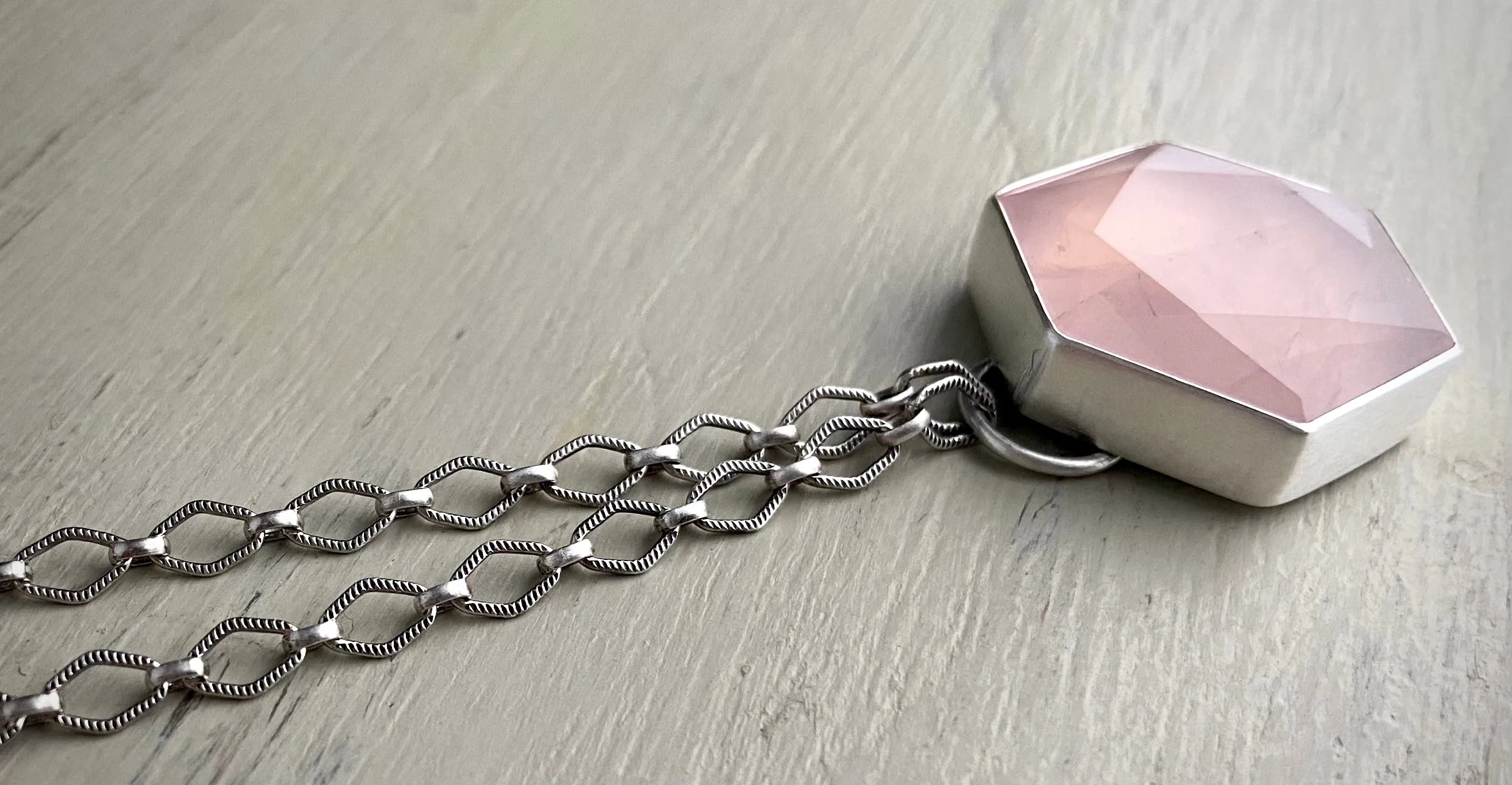 Faceted Rose Quartz Hexagon Necklace