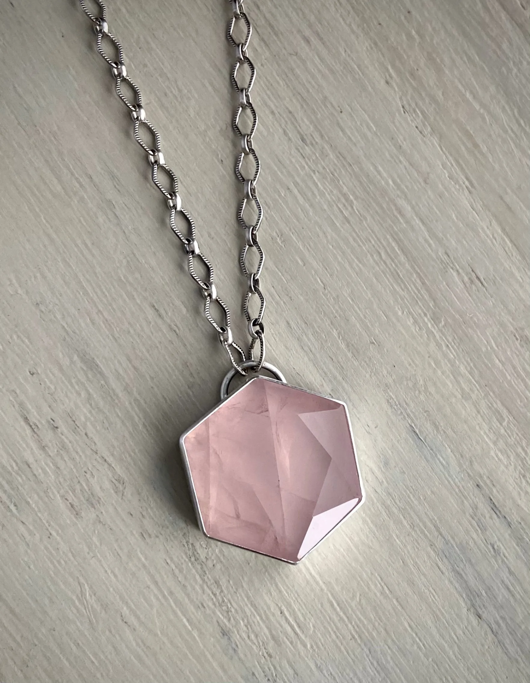 Faceted Rose Quartz Hexagon Necklace
