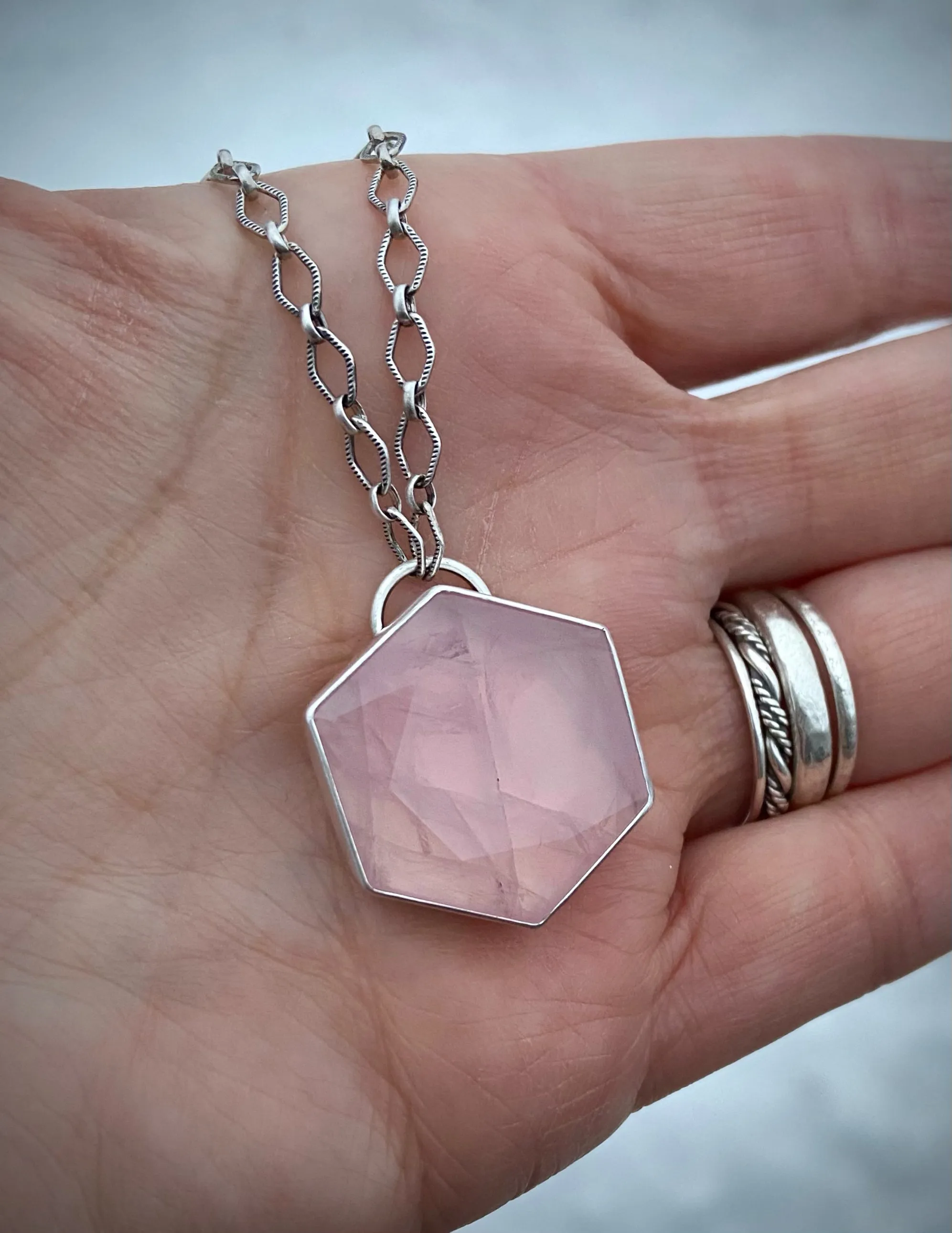 Faceted Rose Quartz Hexagon Necklace