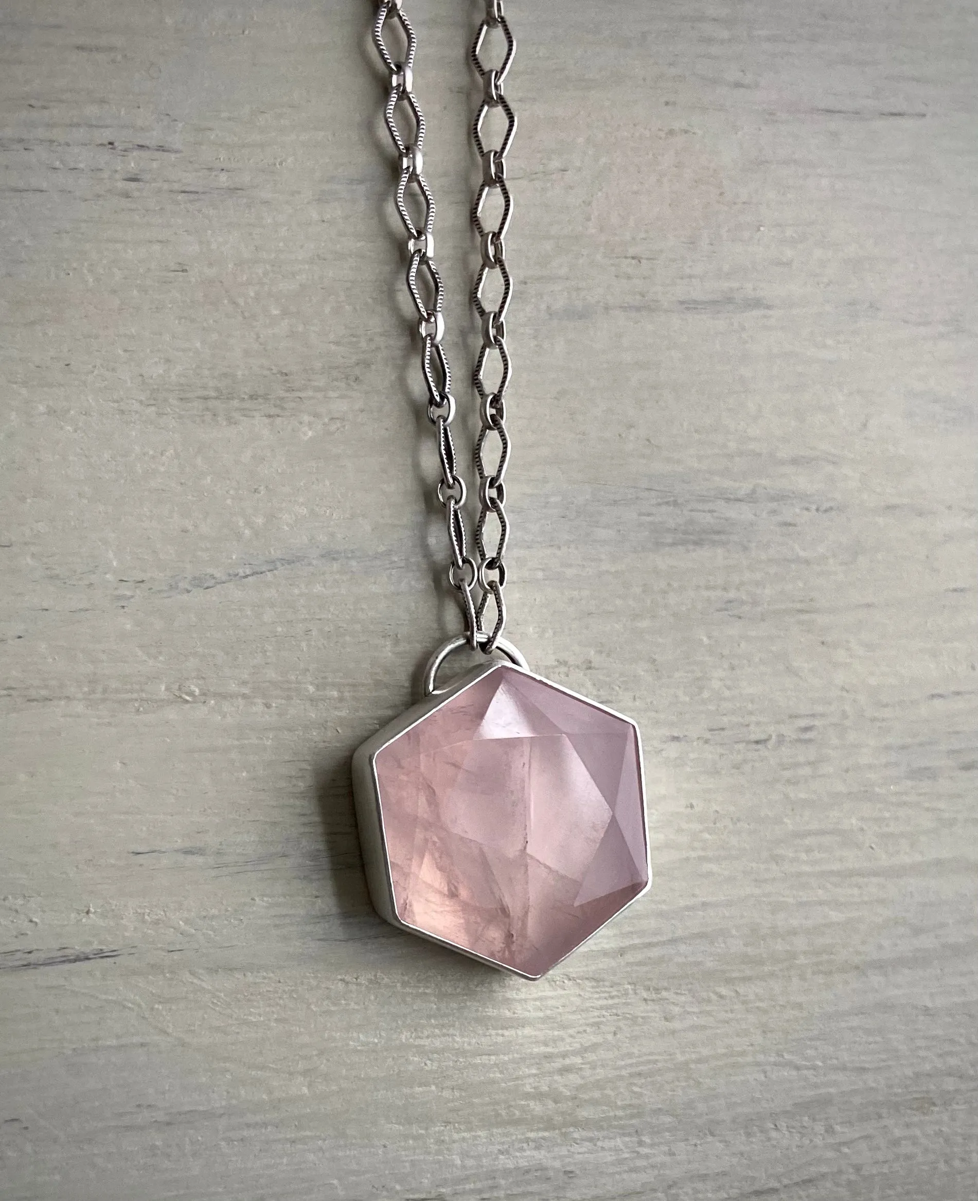 Faceted Rose Quartz Hexagon Necklace