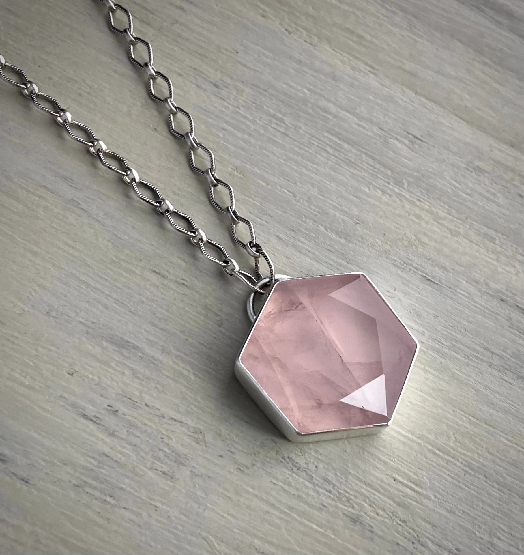 Faceted Rose Quartz Hexagon Necklace