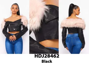 Faux Leather Biker Jacket with Fur Trim - Black/Pink -