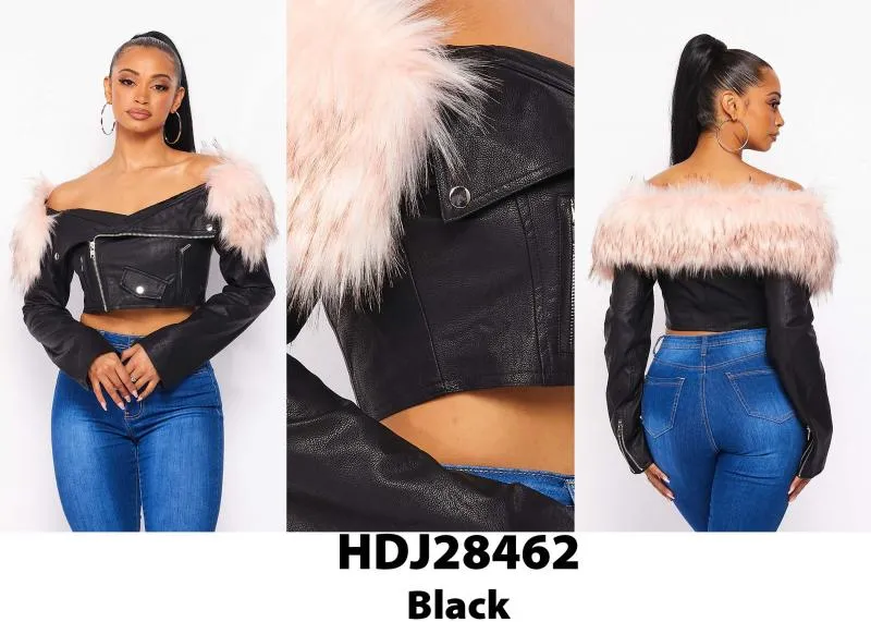 Faux Leather Biker Jacket with Fur Trim - Black/Pink -