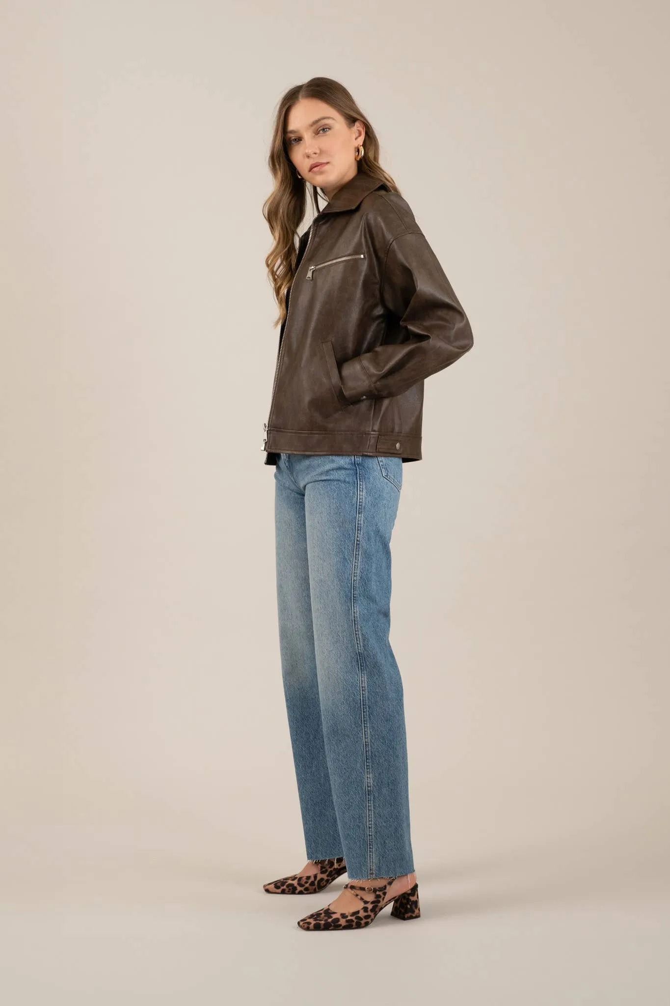 FAUX LEATHER LONG SLEEVE ZIPPER JACKET