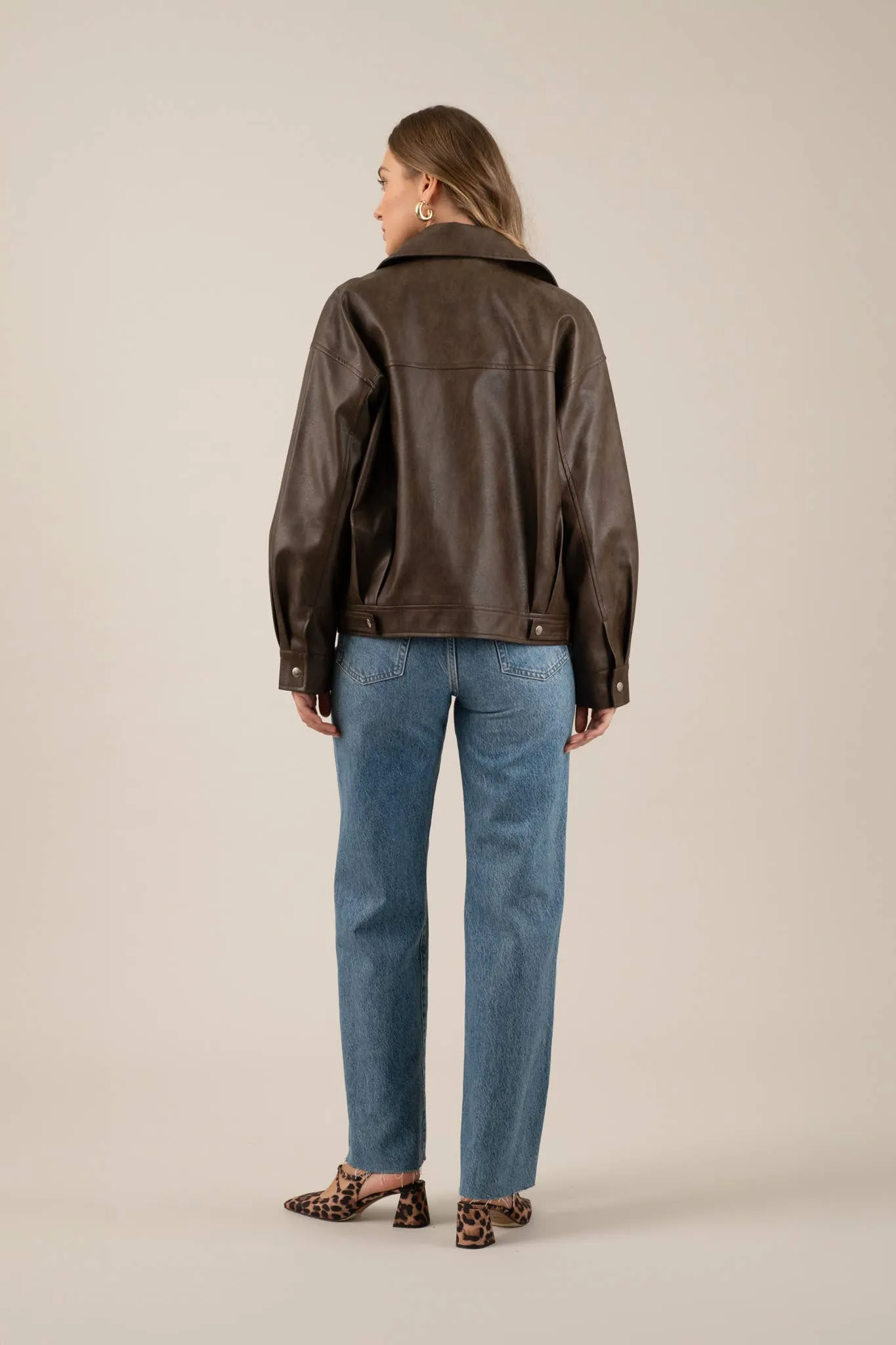FAUX LEATHER LONG SLEEVE ZIPPER JACKET