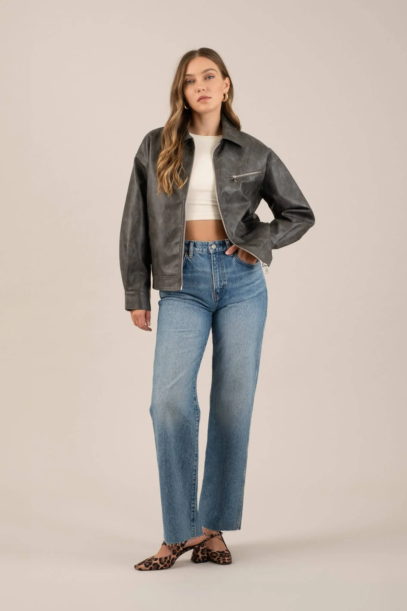 FAUX LEATHER LONG SLEEVE ZIPPER JACKET
