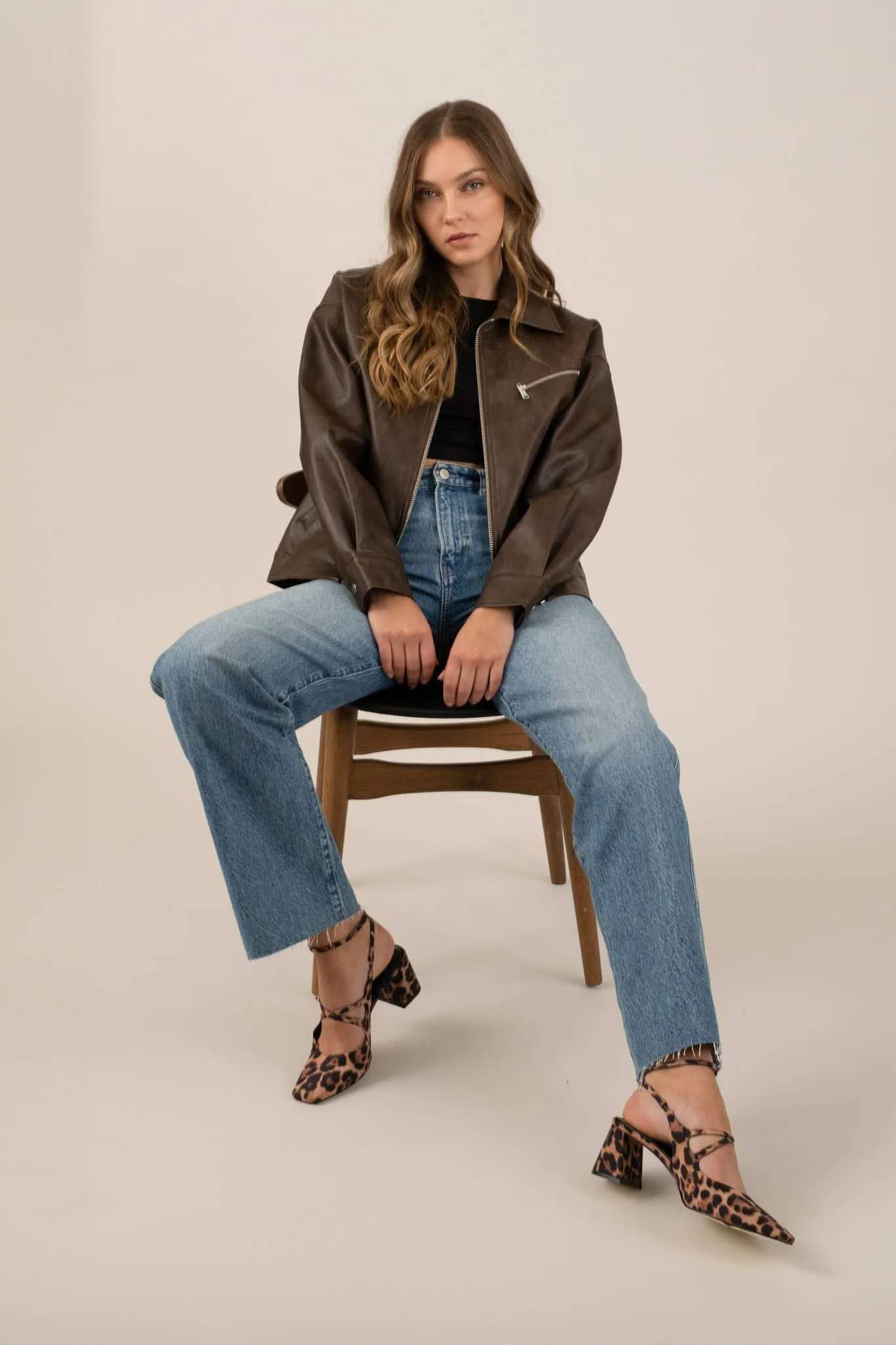 FAUX LEATHER LONG SLEEVE ZIPPER JACKET
