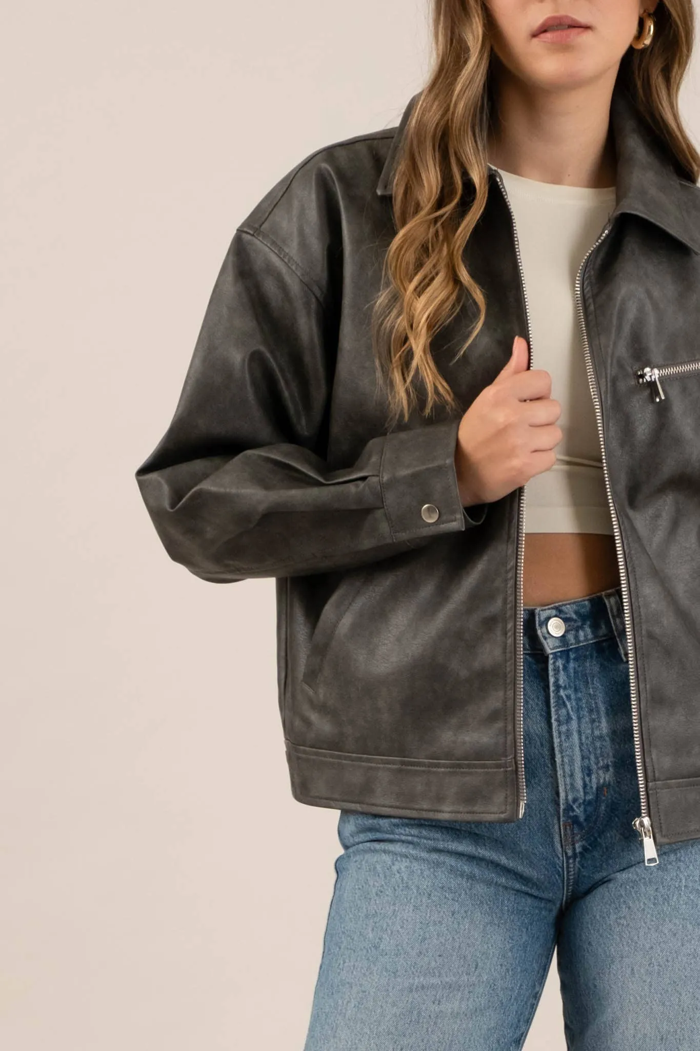 FAUX LEATHER LONG SLEEVE ZIPPER JACKET