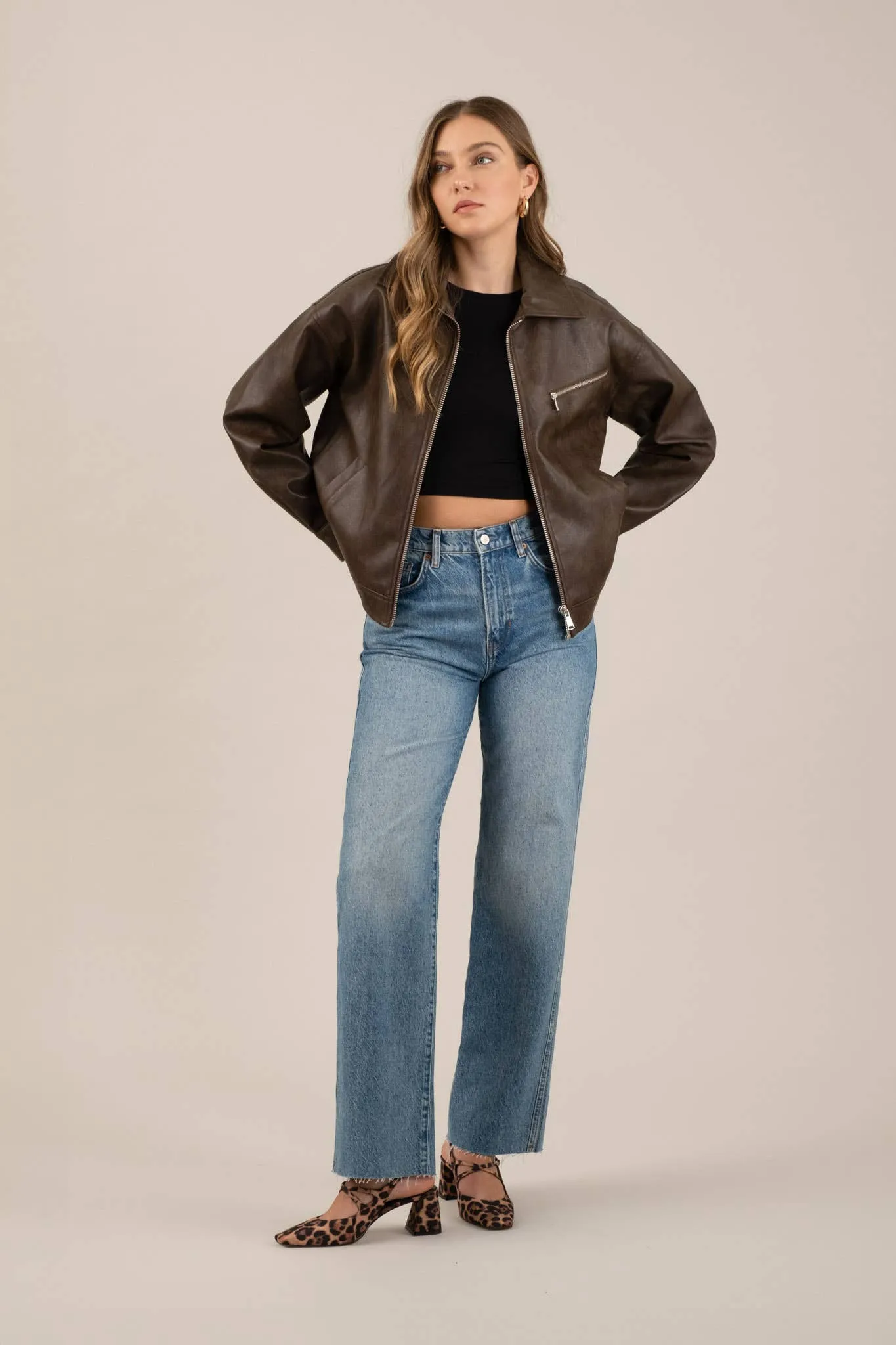 FAUX LEATHER LONG SLEEVE ZIPPER JACKET