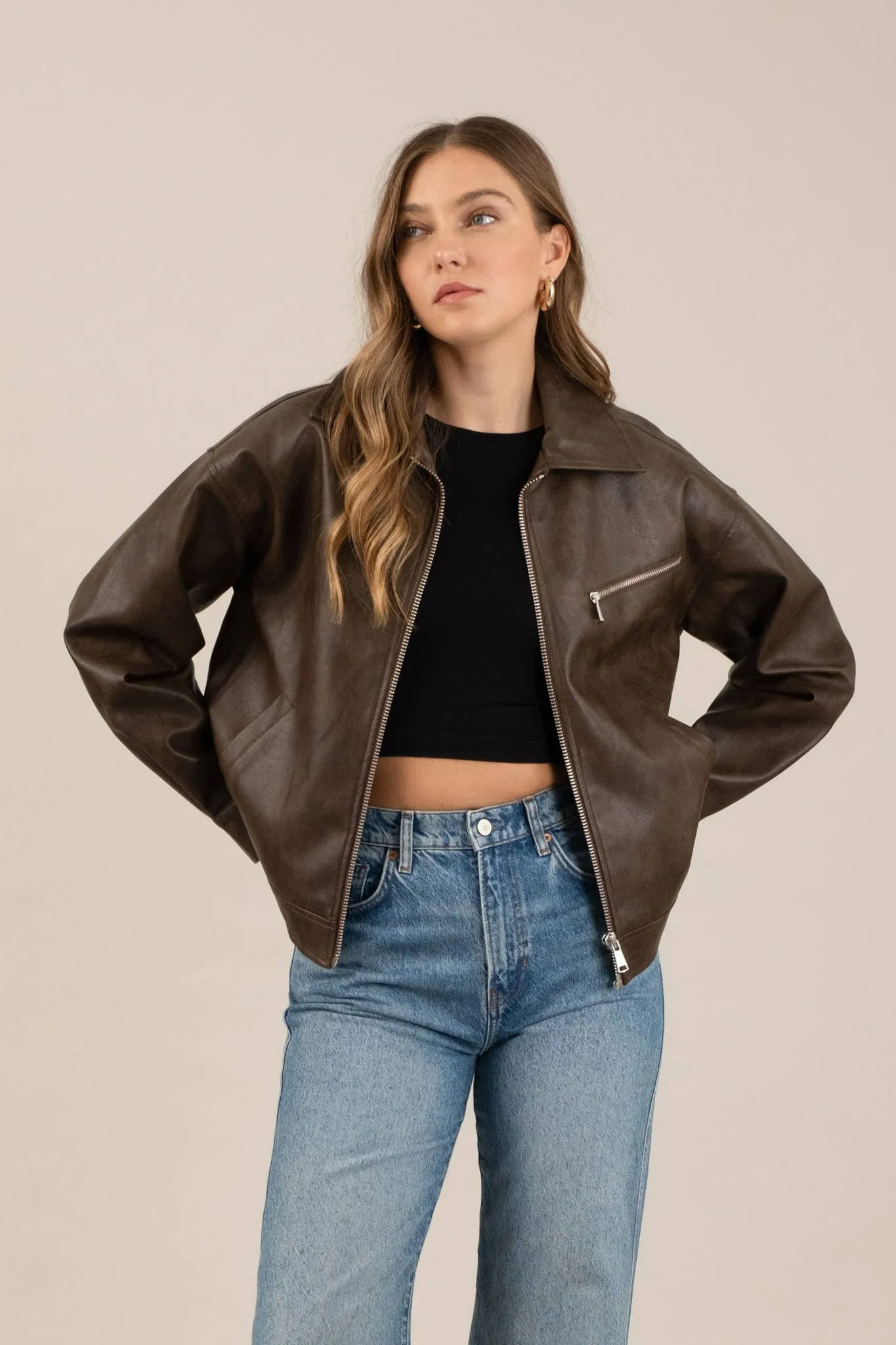 FAUX LEATHER LONG SLEEVE ZIPPER JACKET