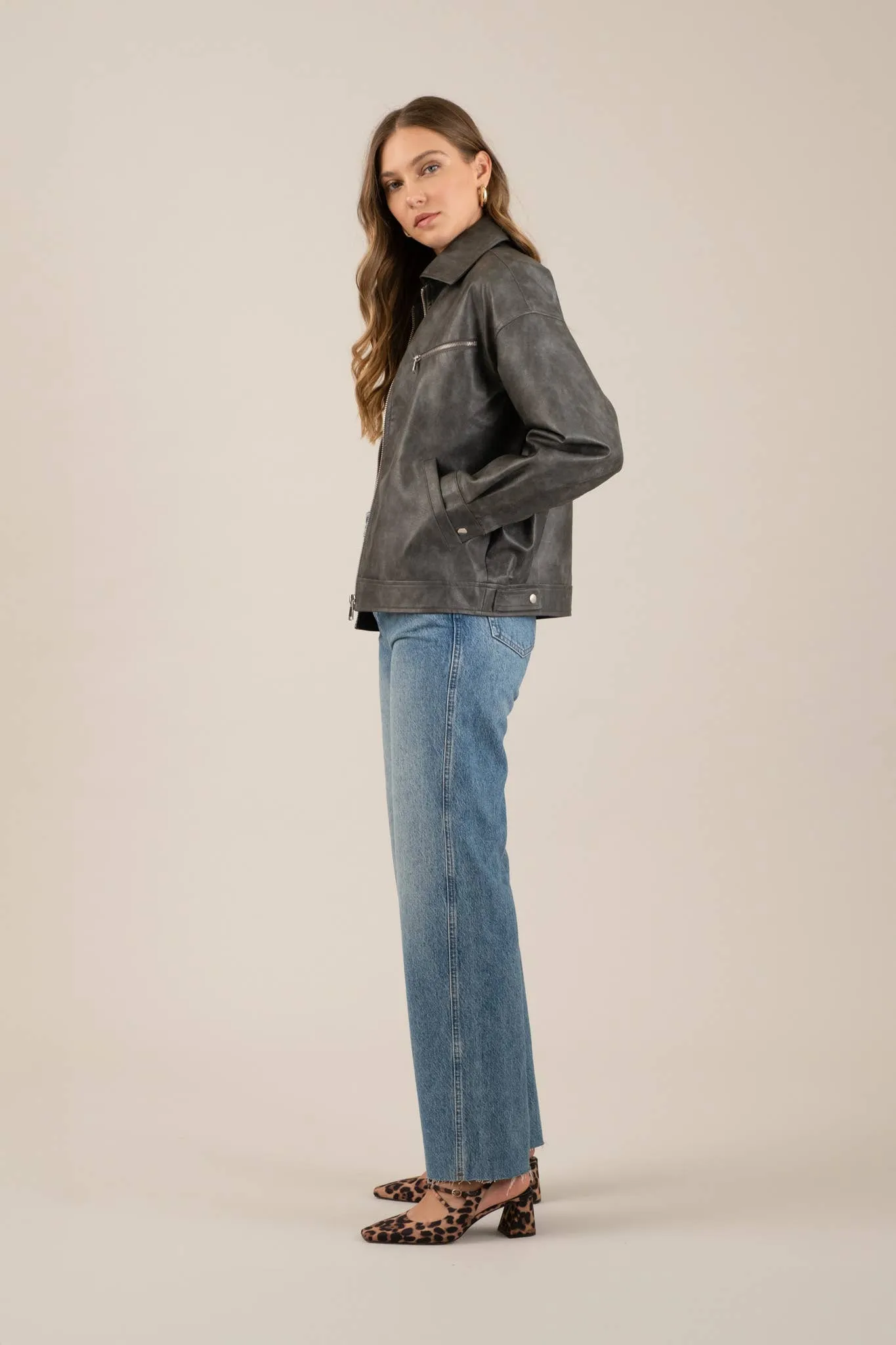 FAUX LEATHER LONG SLEEVE ZIPPER JACKET