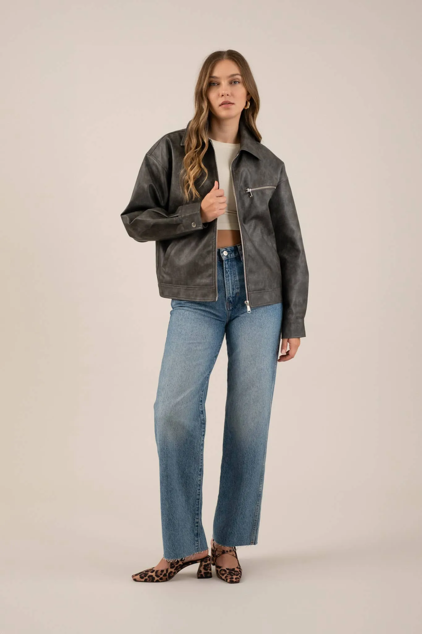 FAUX LEATHER LONG SLEEVE ZIPPER JACKET
