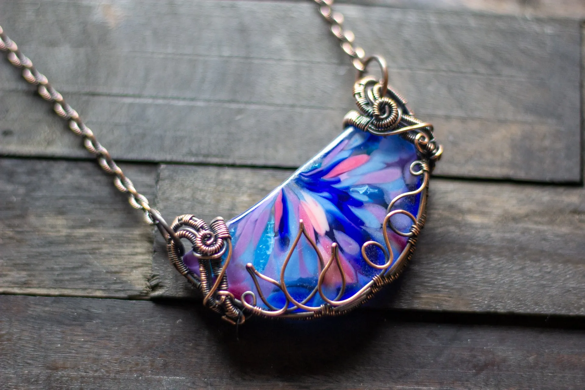 Flower in Bloom Statement Pendant with Copper Wire Wrapping