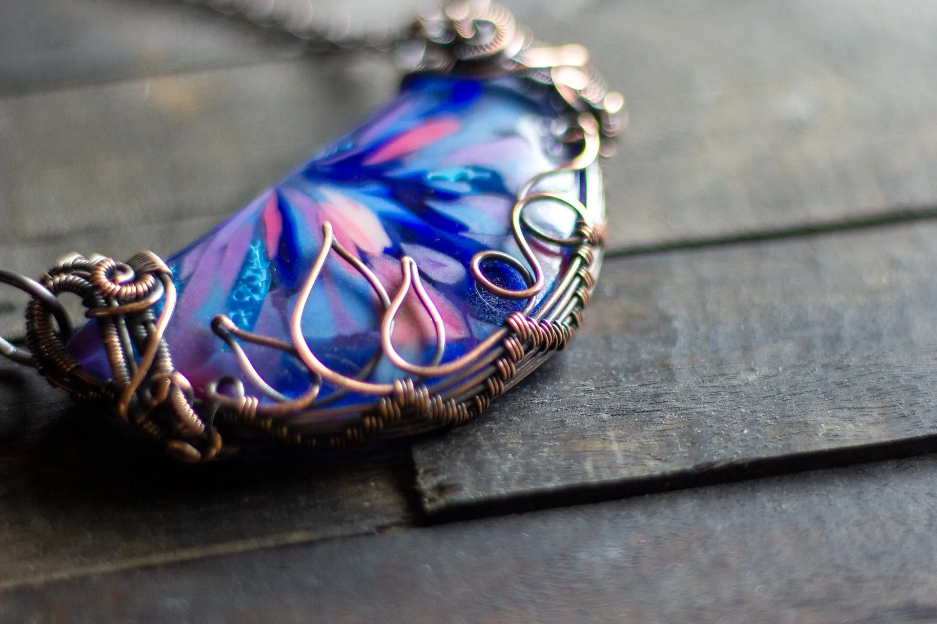 Flower in Bloom Statement Pendant with Copper Wire Wrapping
