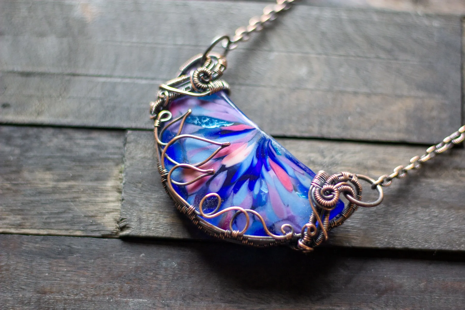 Flower in Bloom Statement Pendant with Copper Wire Wrapping