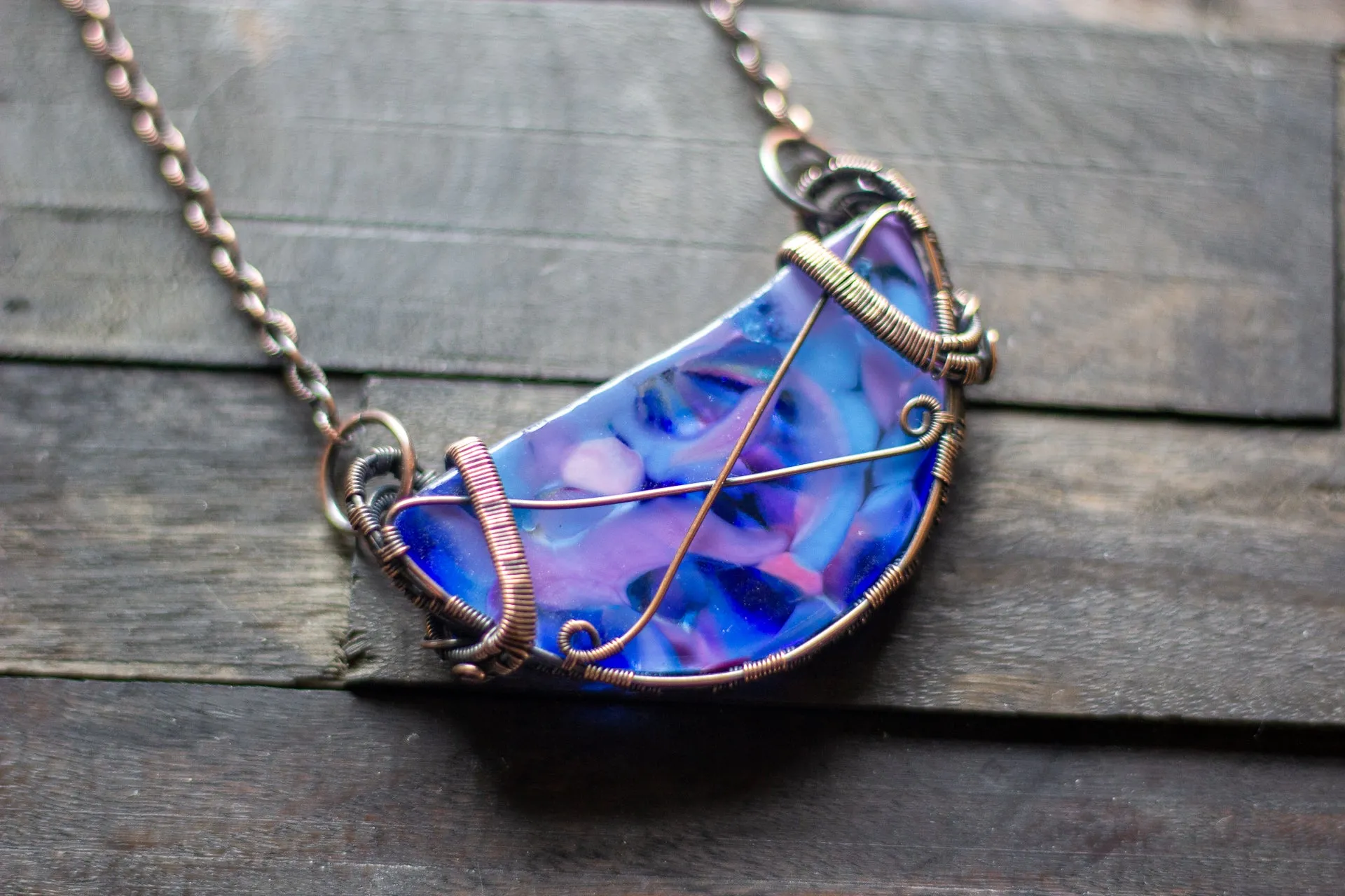 Flower in Bloom Statement Pendant with Copper Wire Wrapping
